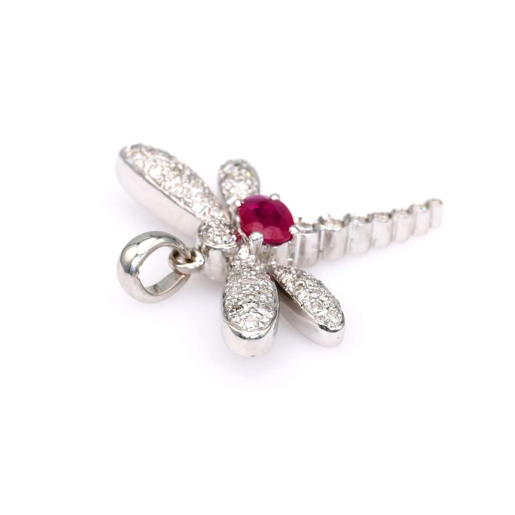 Vintage French Ruby Diamond 18k White Gold Dragonfly Pendant