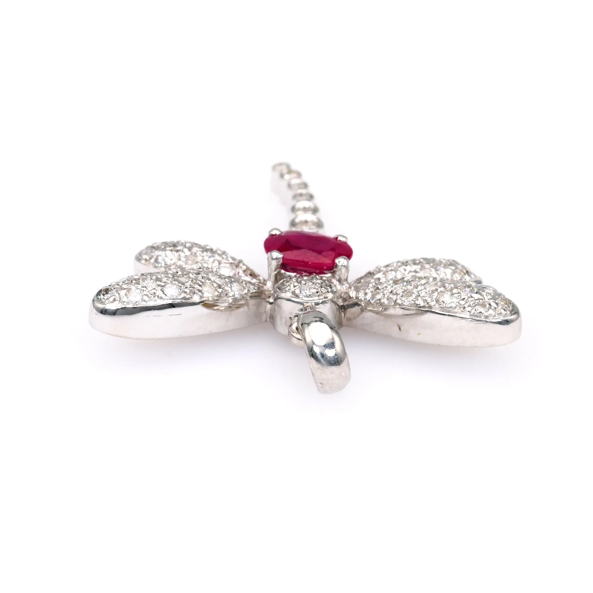 Vintage French Ruby Diamond 18k White Gold Dragonfly Pendant