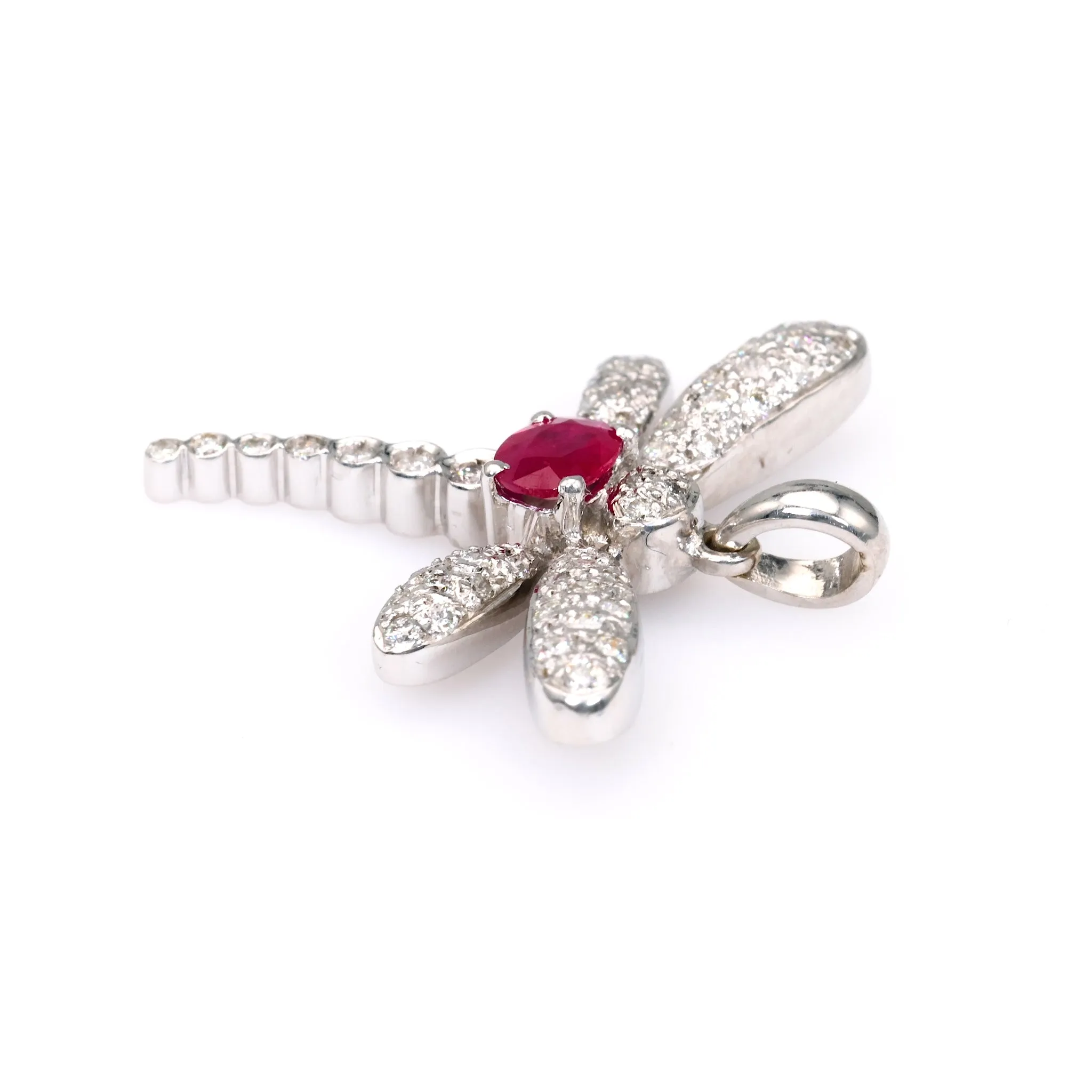 Vintage French Ruby Diamond 18k White Gold Dragonfly Pendant