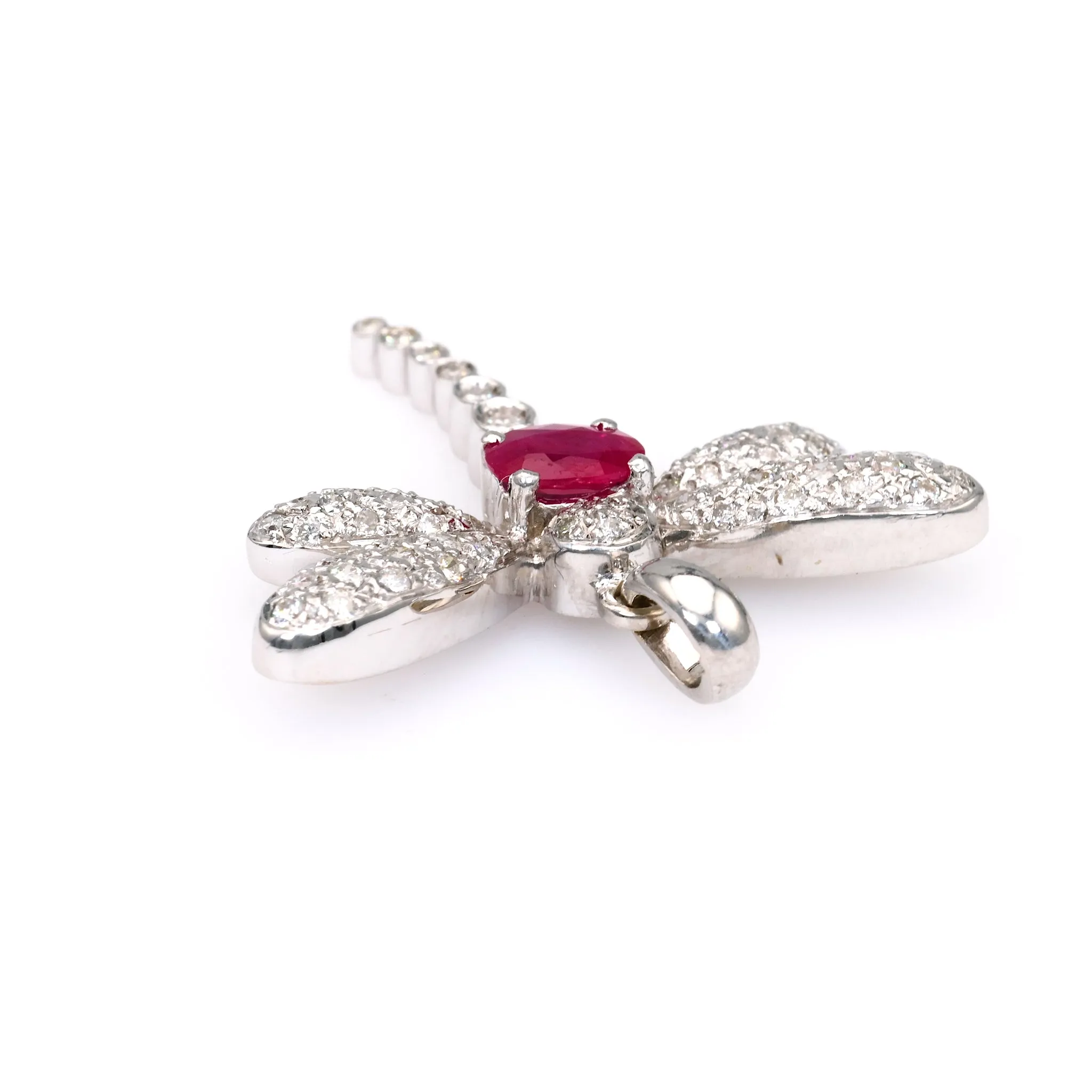 Vintage French Ruby Diamond 18k White Gold Dragonfly Pendant