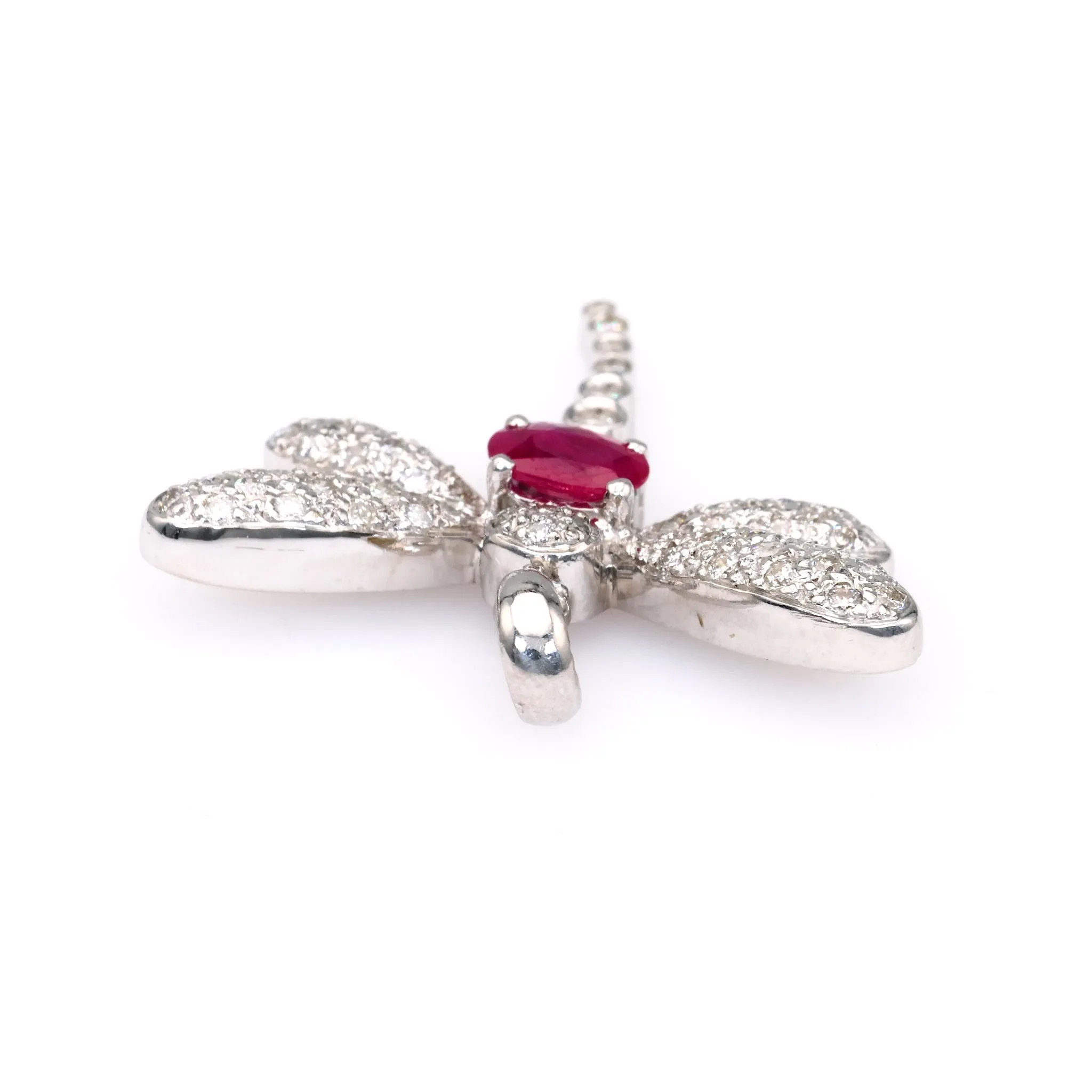 Vintage French Ruby Diamond 18k White Gold Dragonfly Pendant