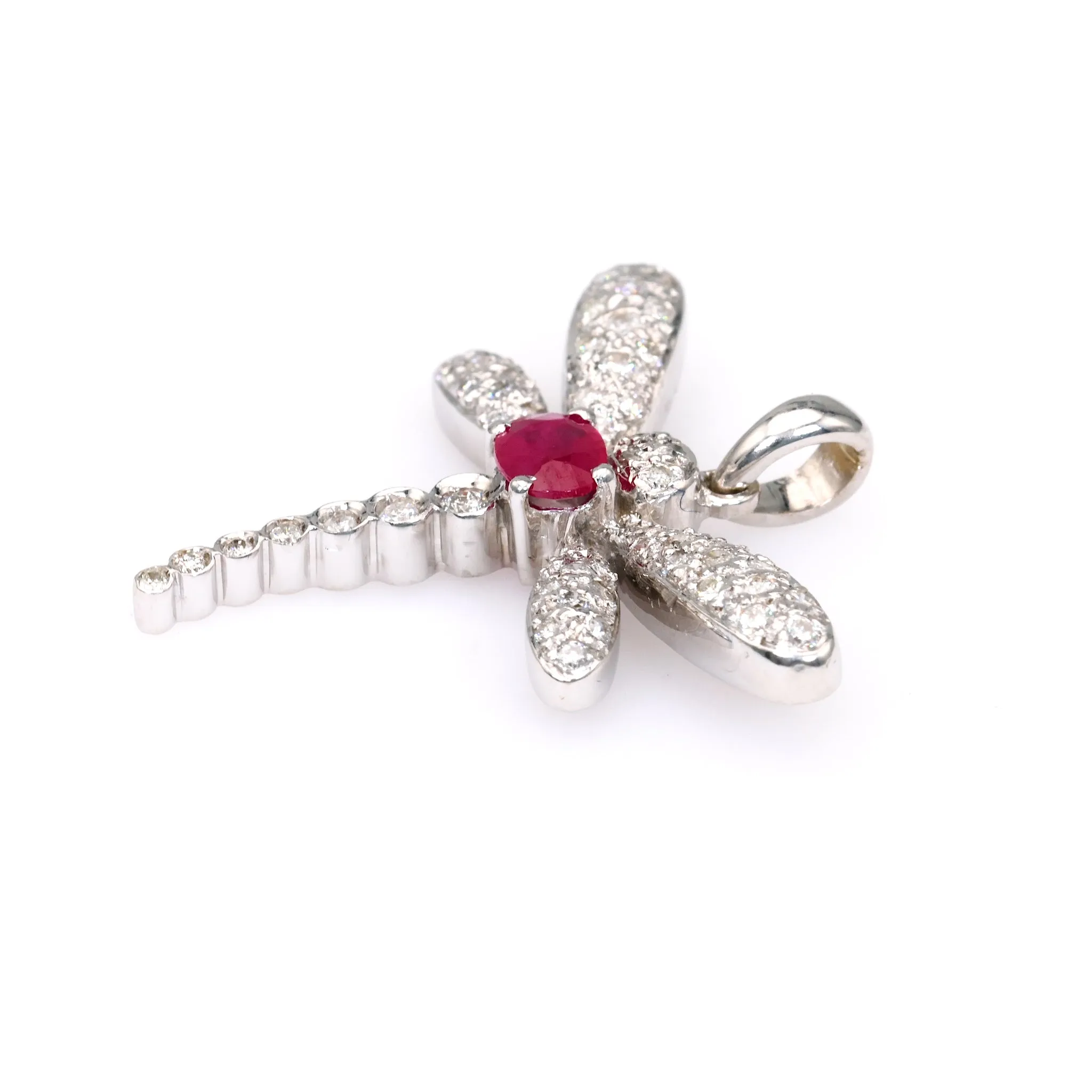 Vintage French Ruby Diamond 18k White Gold Dragonfly Pendant