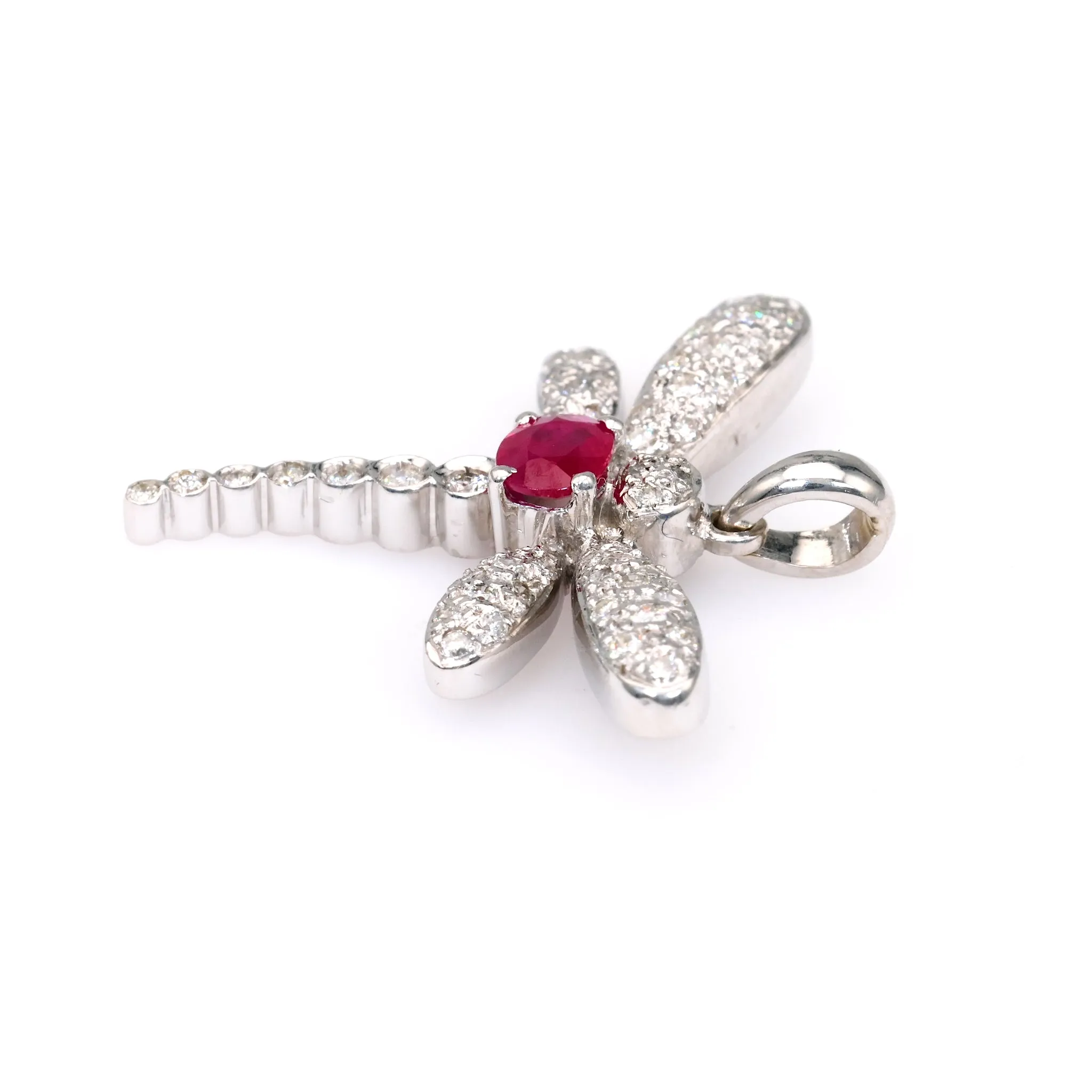 Vintage French Ruby Diamond 18k White Gold Dragonfly Pendant