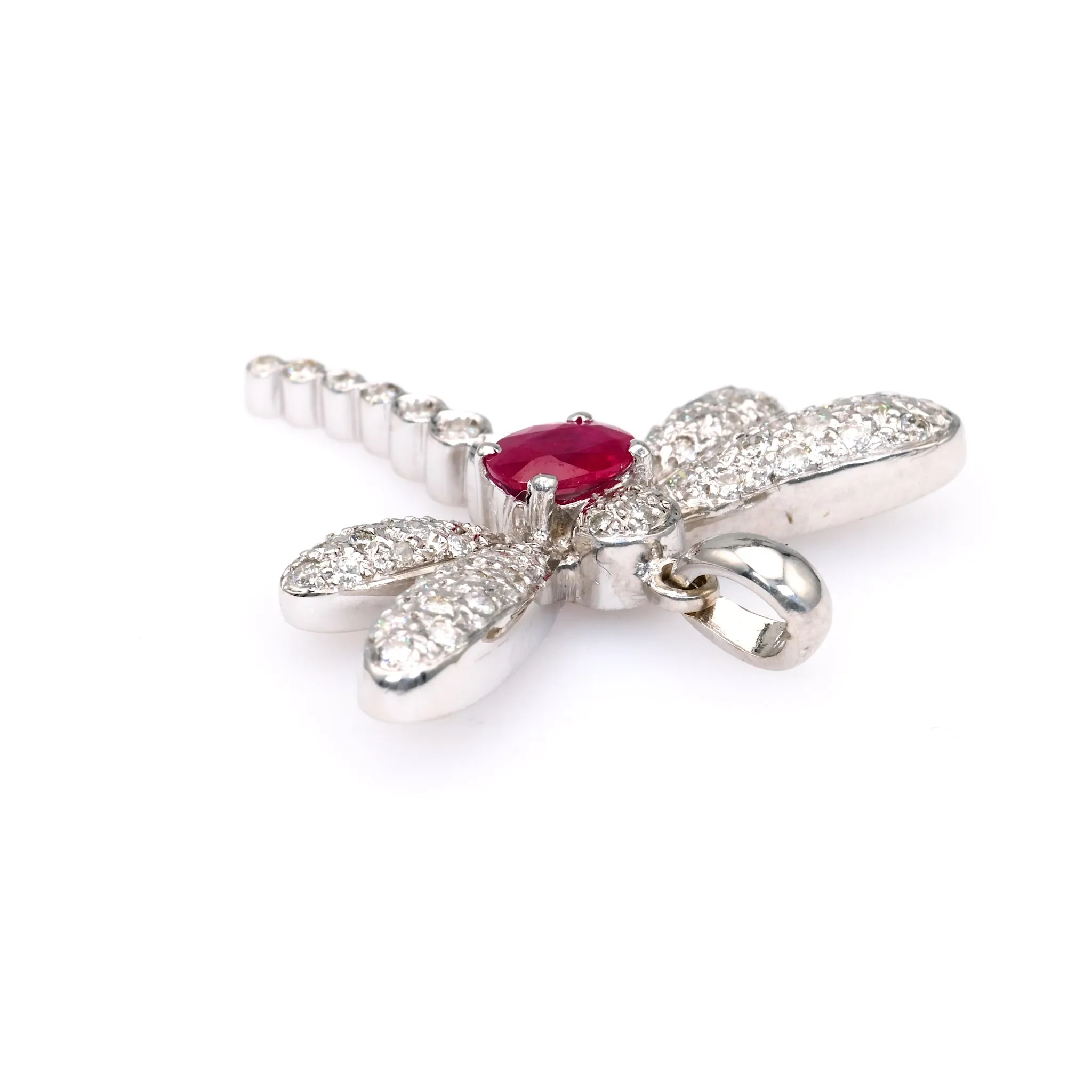 Vintage French Ruby Diamond 18k White Gold Dragonfly Pendant