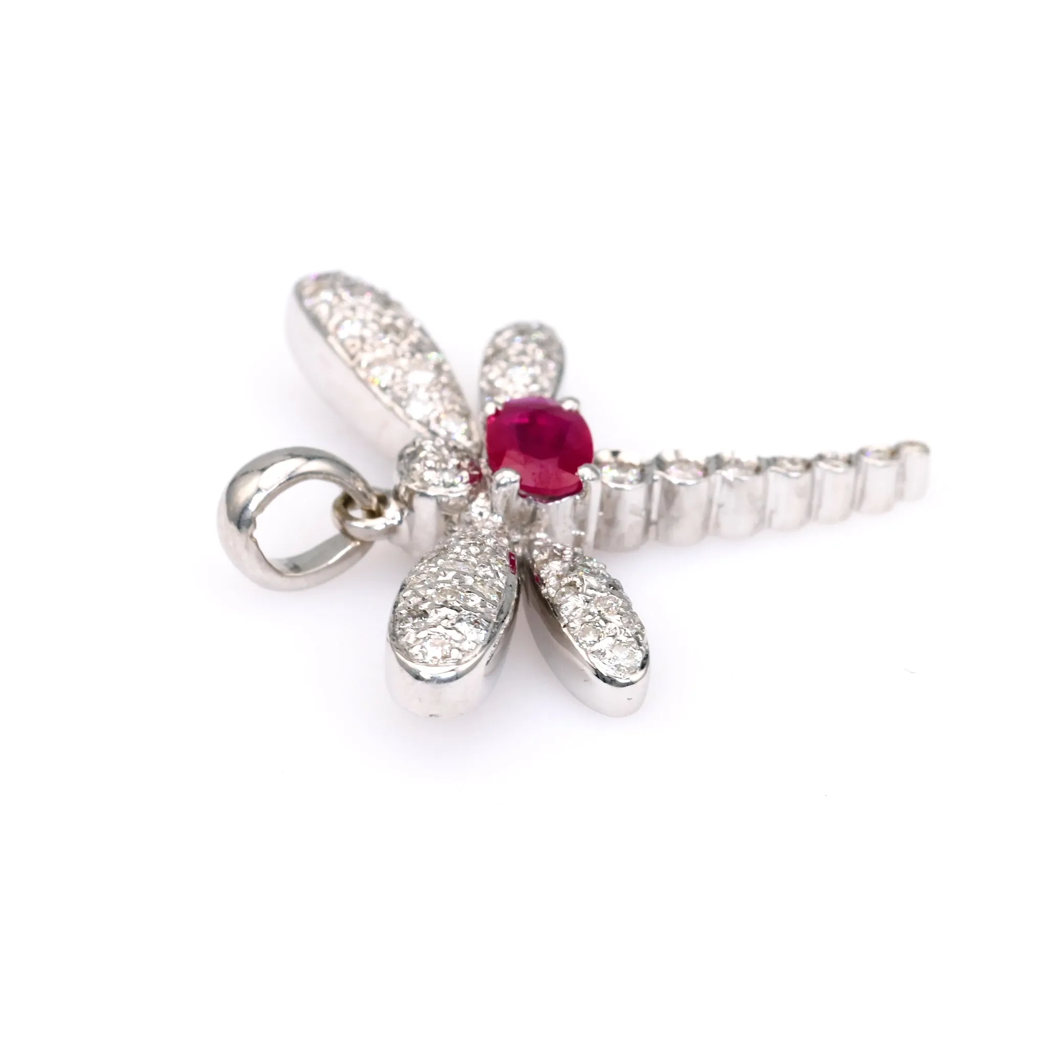 Vintage French Ruby Diamond 18k White Gold Dragonfly Pendant