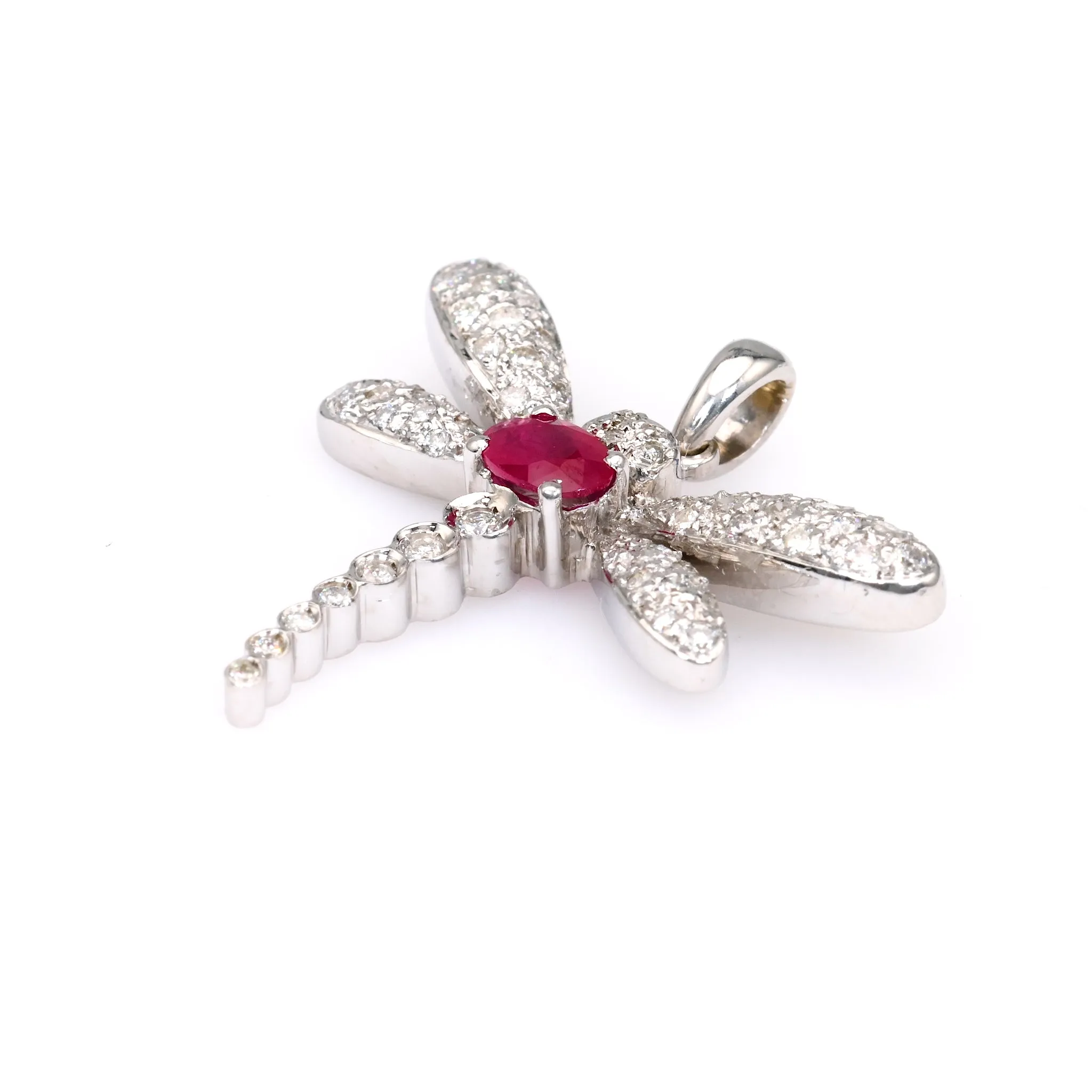 Vintage French Ruby Diamond 18k White Gold Dragonfly Pendant