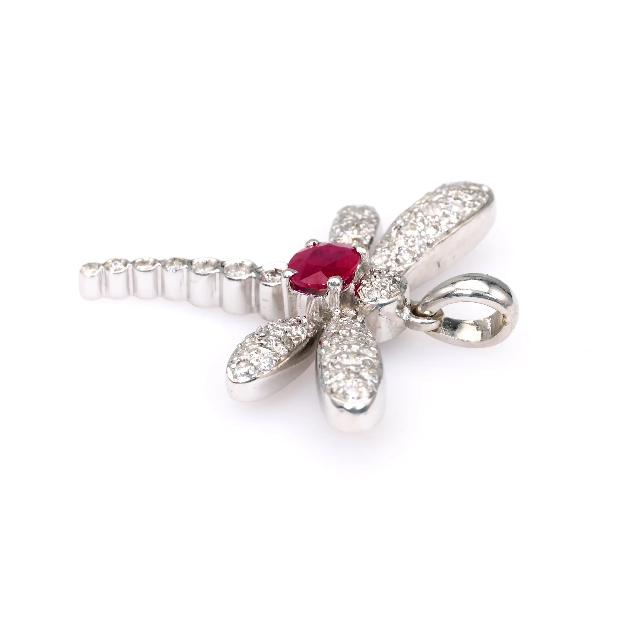 Vintage French Ruby Diamond 18k White Gold Dragonfly Pendant