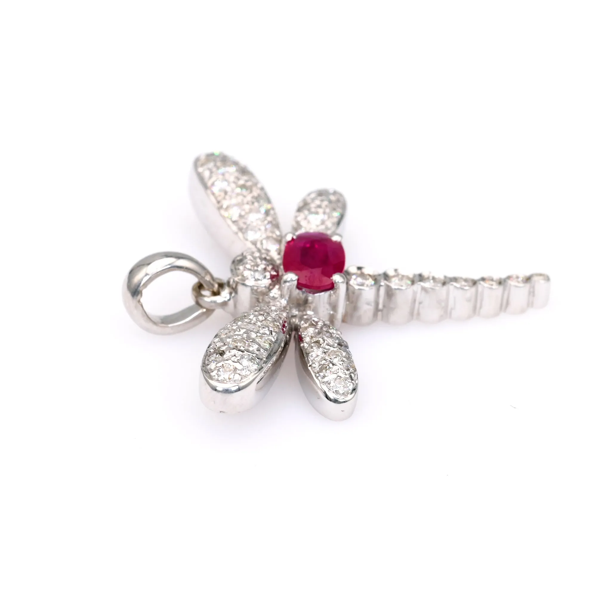 Vintage French Ruby Diamond 18k White Gold Dragonfly Pendant