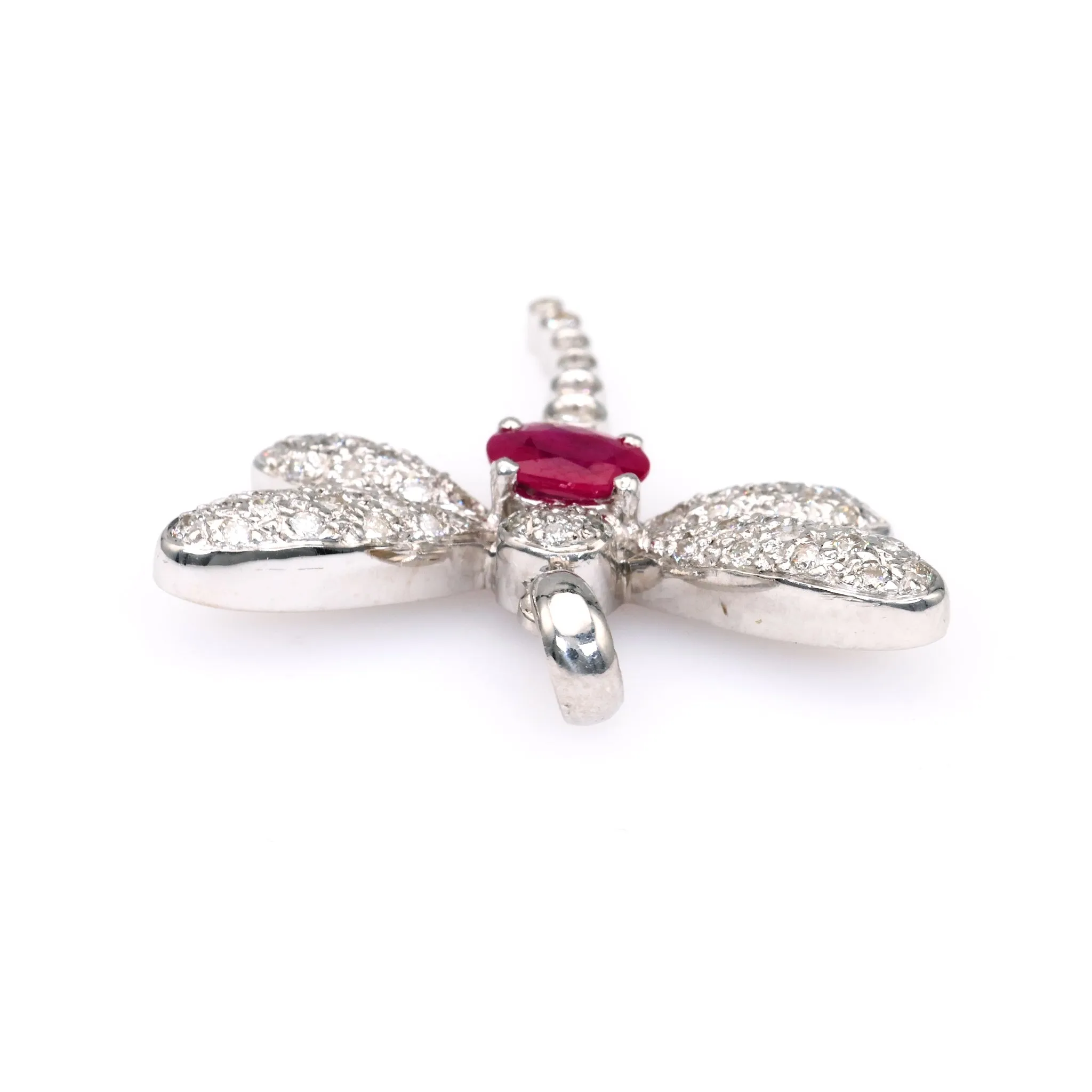 Vintage French Ruby Diamond 18k White Gold Dragonfly Pendant