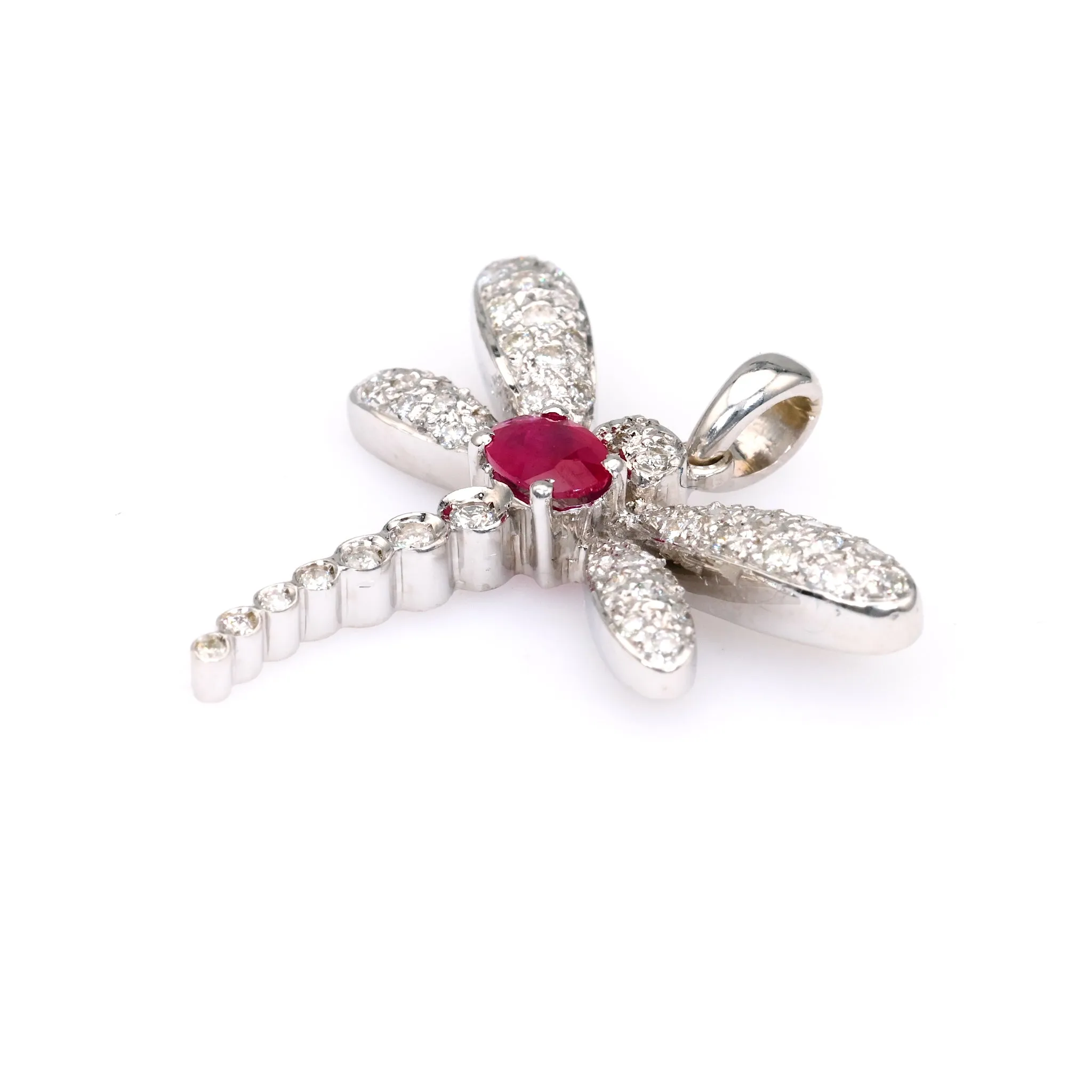 Vintage French Ruby Diamond 18k White Gold Dragonfly Pendant