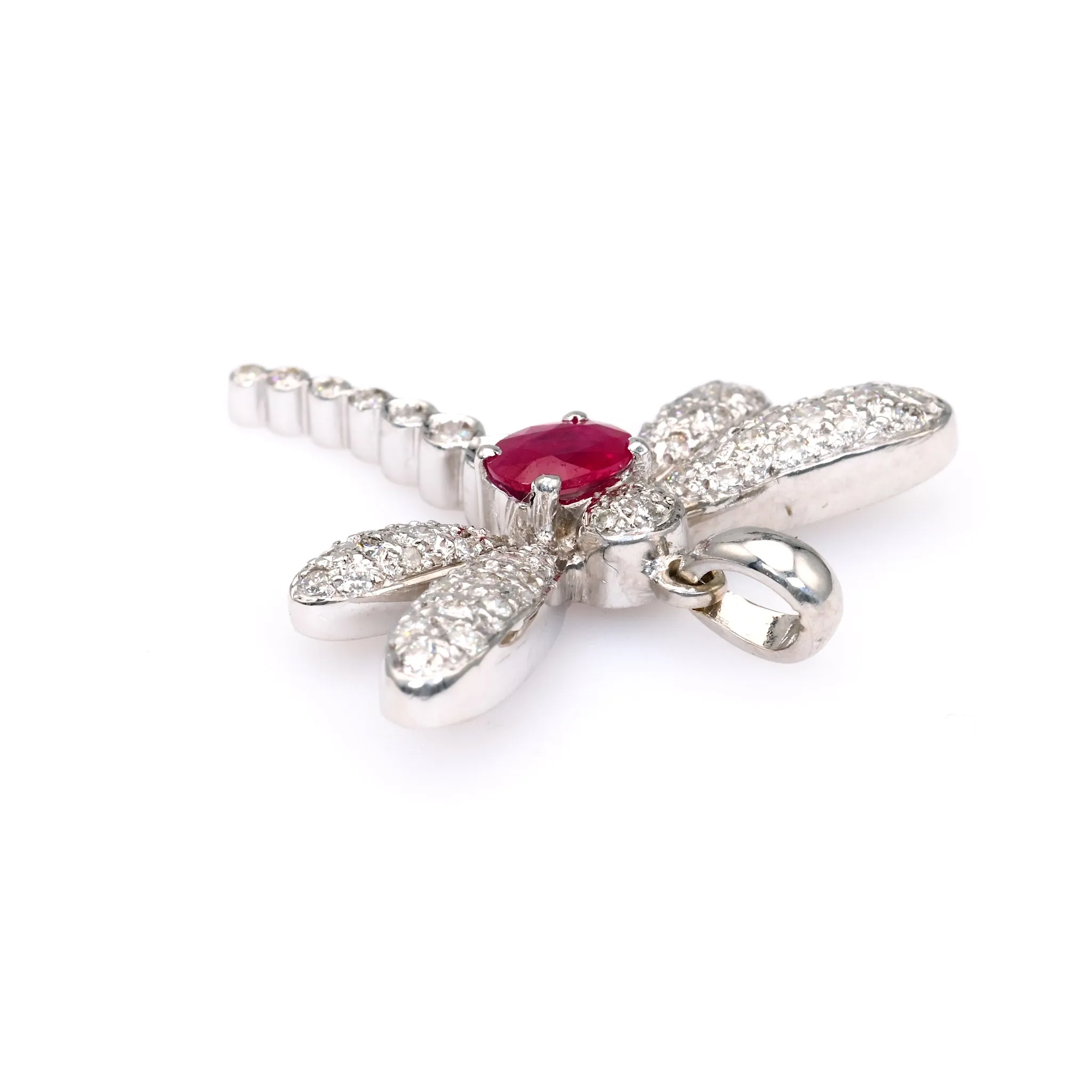 Vintage French Ruby Diamond 18k White Gold Dragonfly Pendant