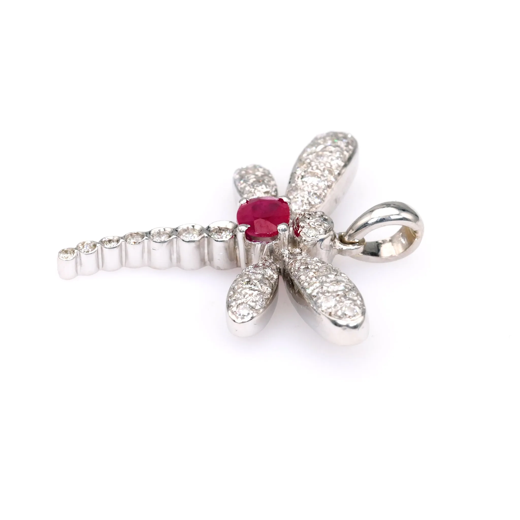 Vintage French Ruby Diamond 18k White Gold Dragonfly Pendant