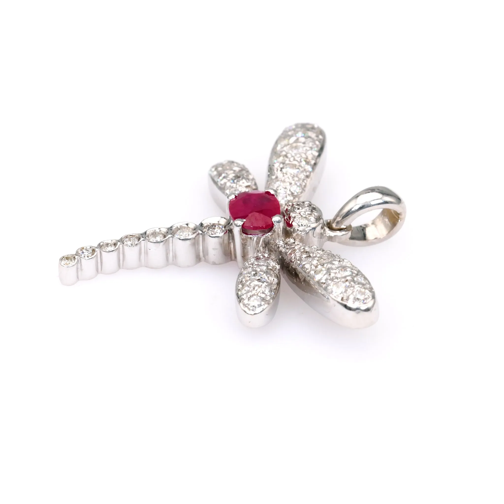 Vintage French Ruby Diamond 18k White Gold Dragonfly Pendant