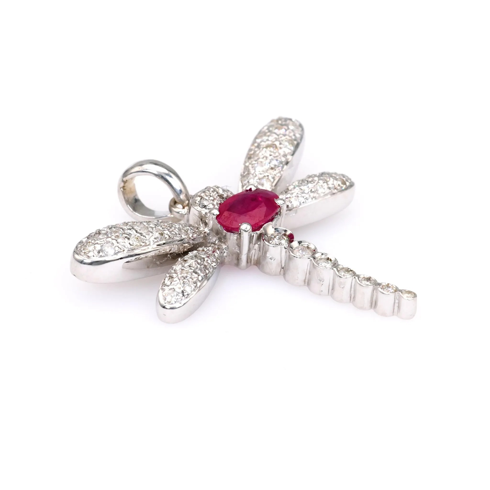 Vintage French Ruby Diamond 18k White Gold Dragonfly Pendant