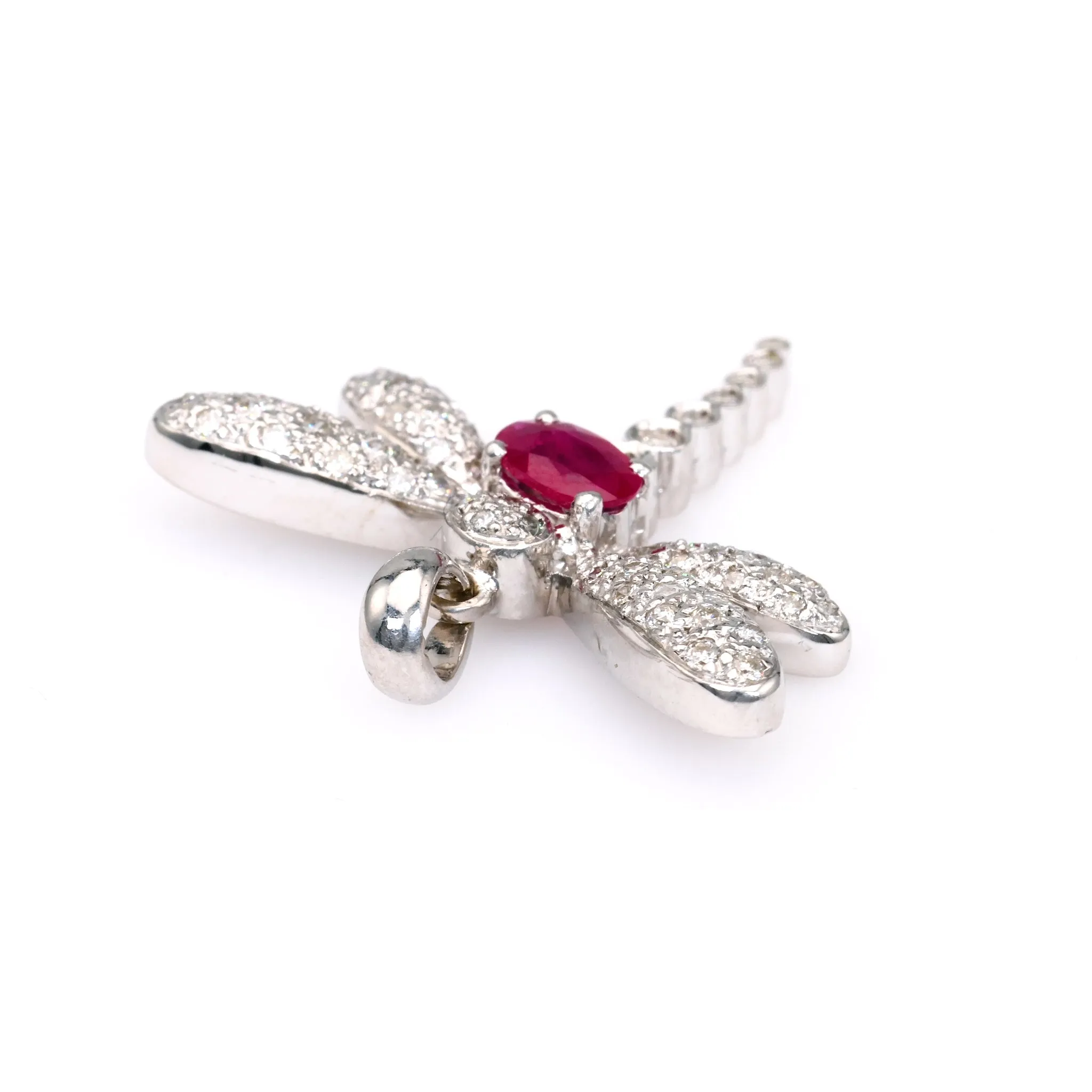 Vintage French Ruby Diamond 18k White Gold Dragonfly Pendant