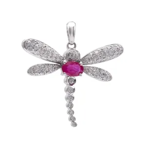 Vintage French Ruby Diamond 18k White Gold Dragonfly Pendant