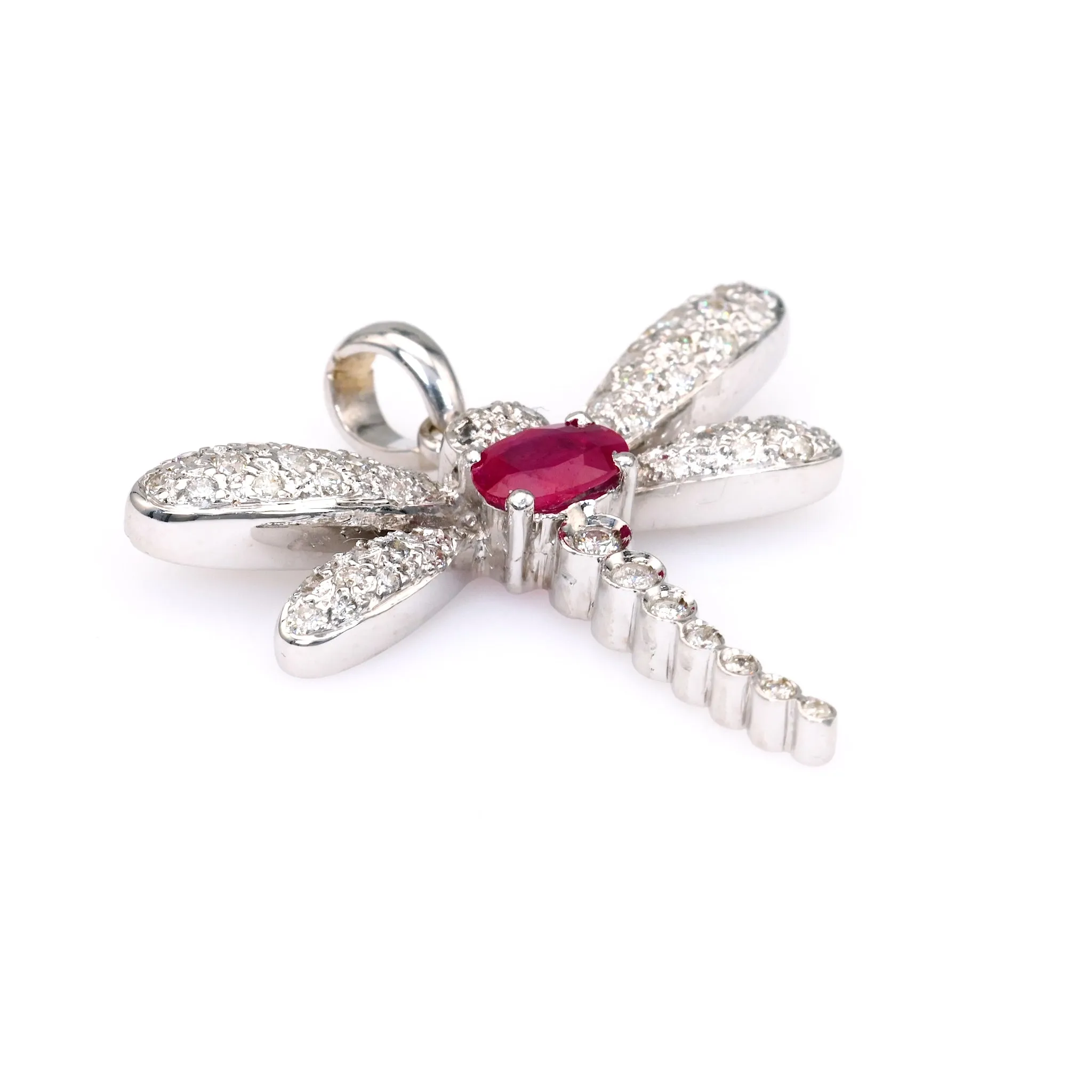 Vintage French Ruby Diamond 18k White Gold Dragonfly Pendant