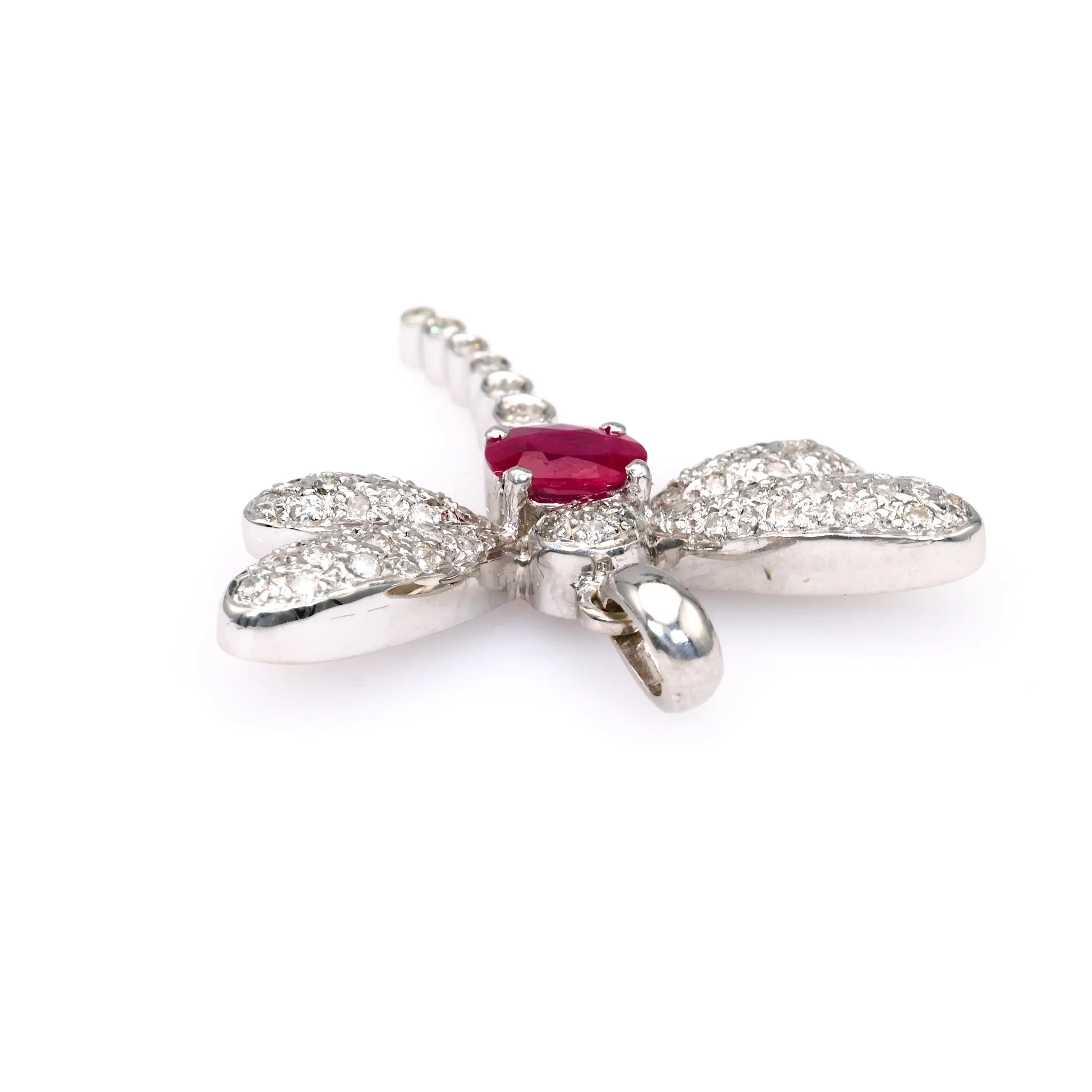 Vintage French Ruby Diamond 18k White Gold Dragonfly Pendant