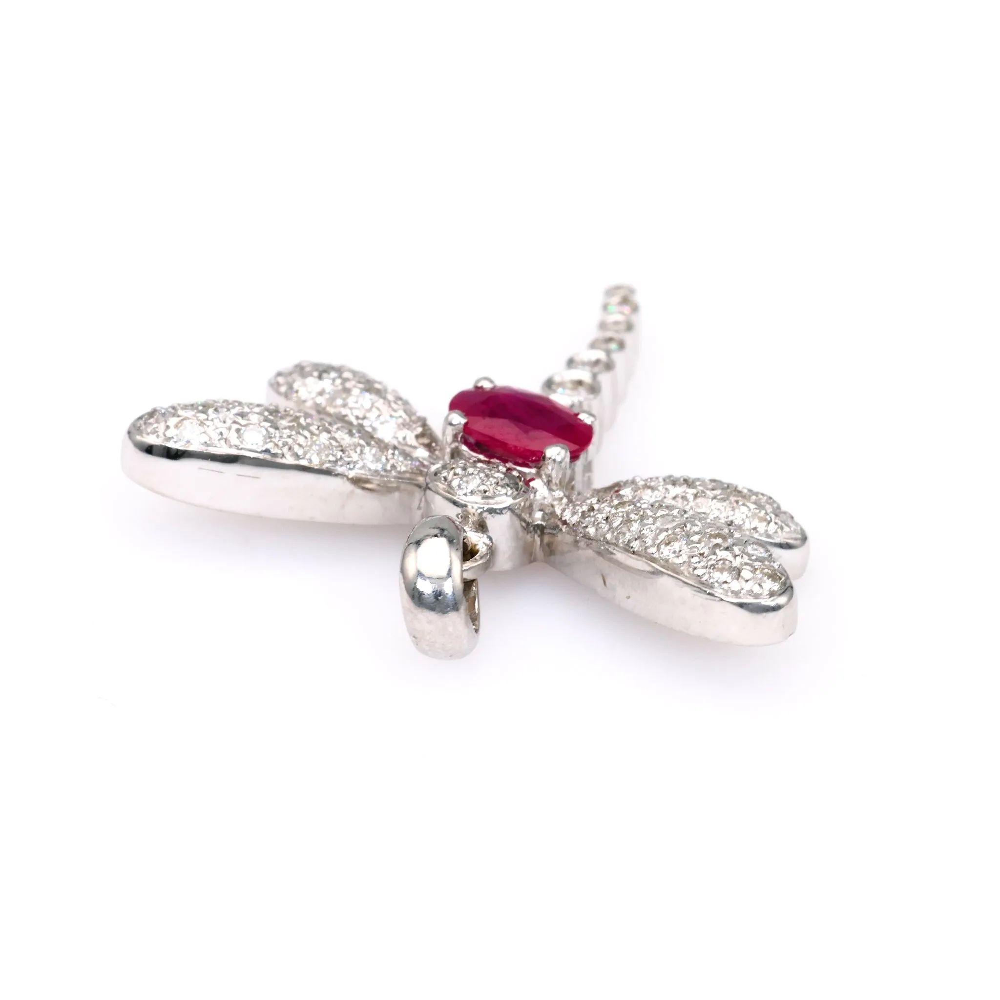 Vintage French Ruby Diamond 18k White Gold Dragonfly Pendant