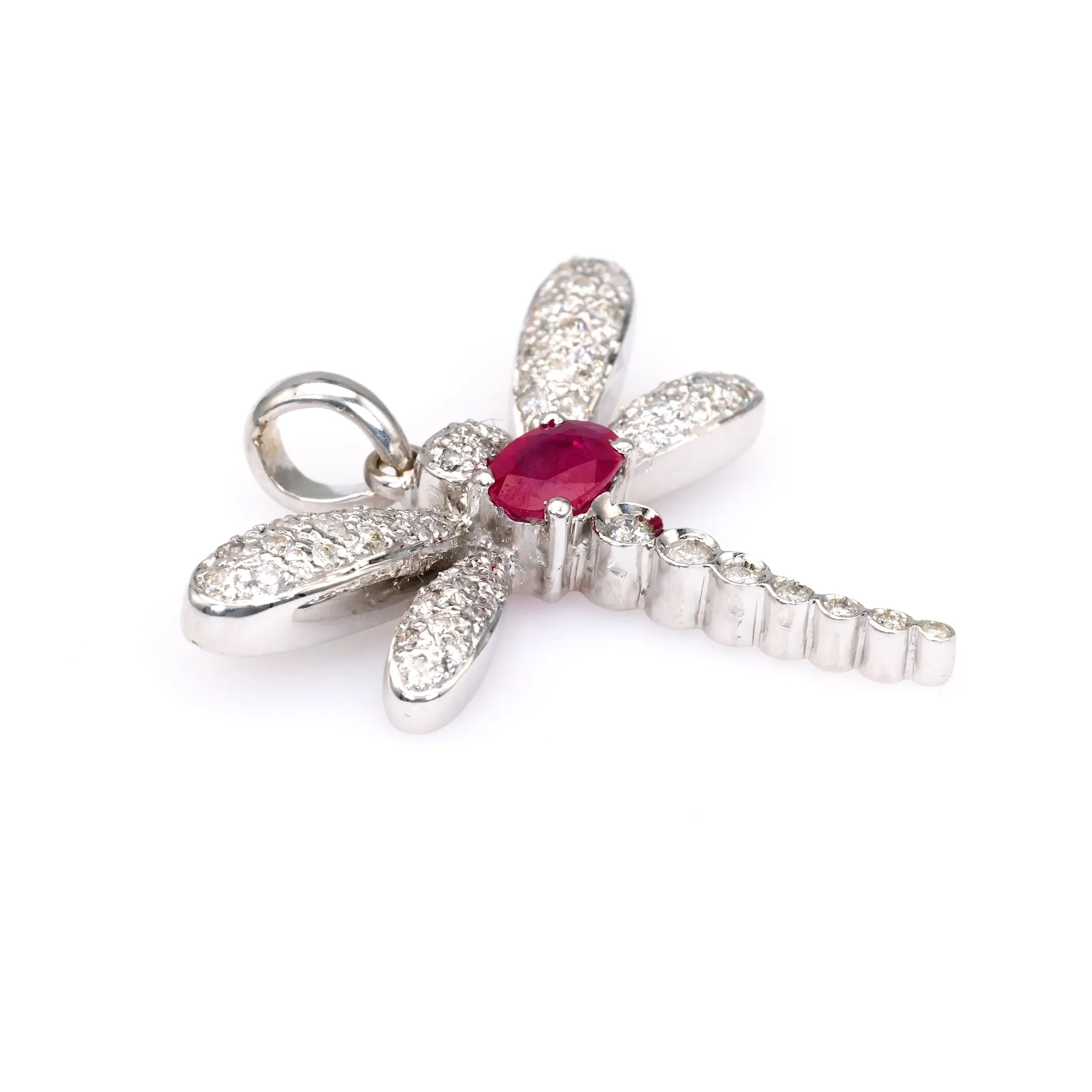 Vintage French Ruby Diamond 18k White Gold Dragonfly Pendant