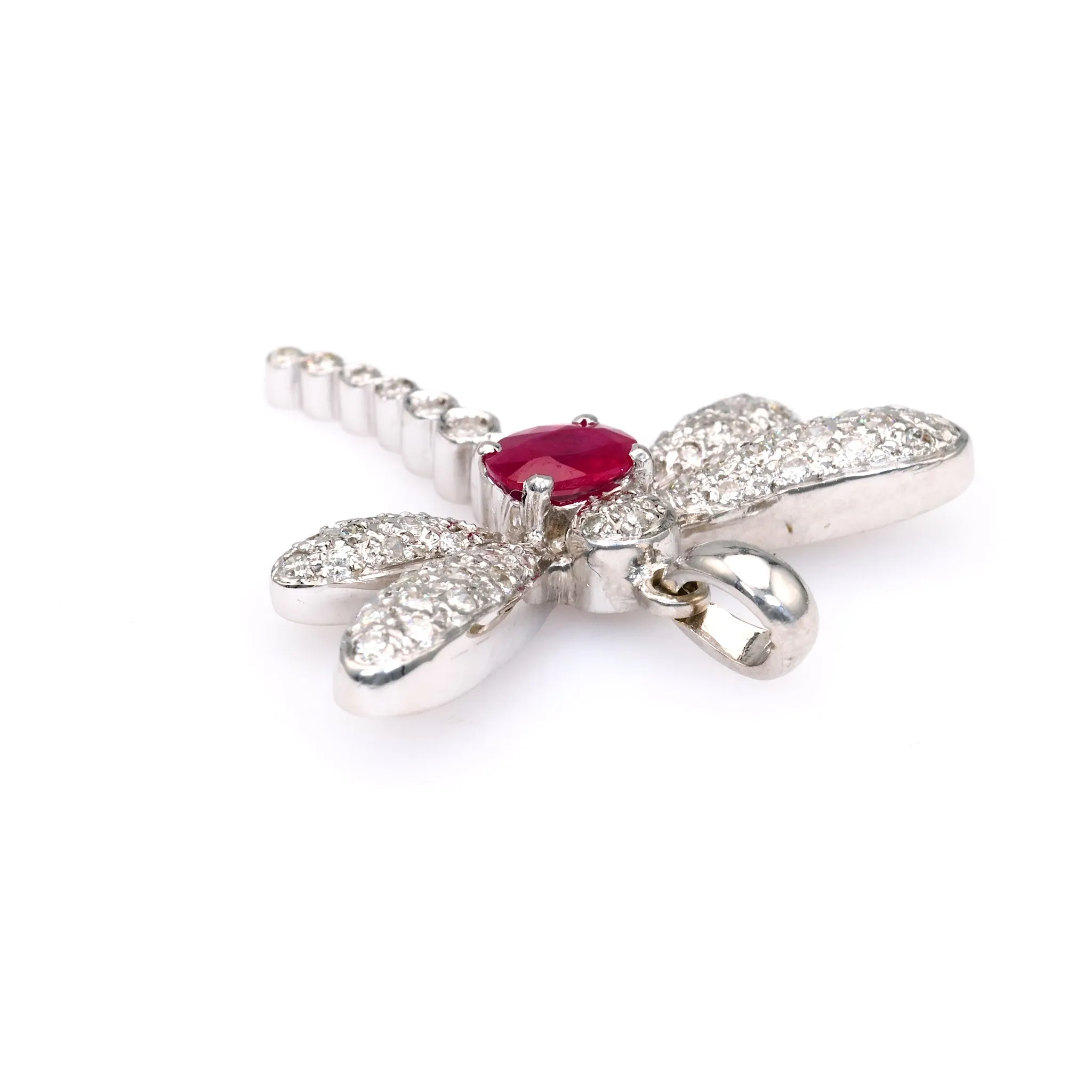 Vintage French Ruby Diamond 18k White Gold Dragonfly Pendant