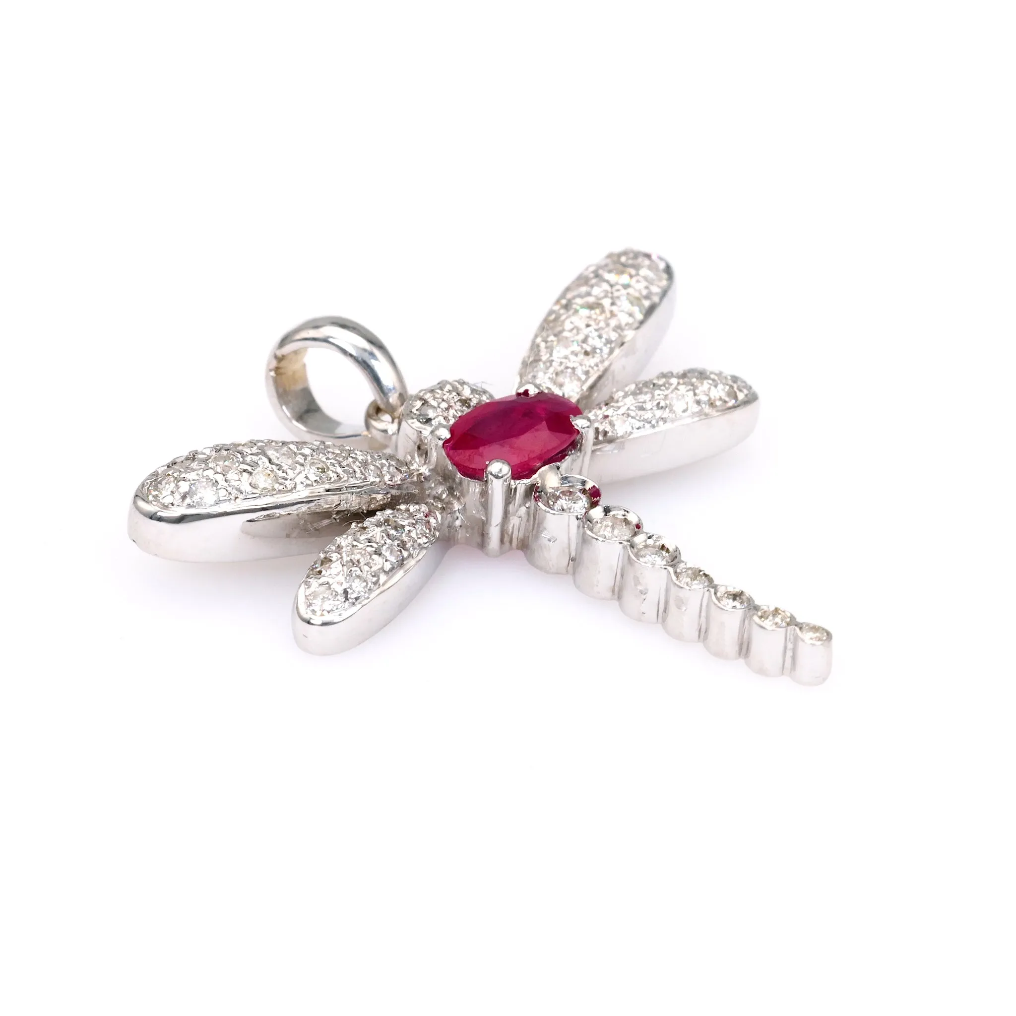 Vintage French Ruby Diamond 18k White Gold Dragonfly Pendant