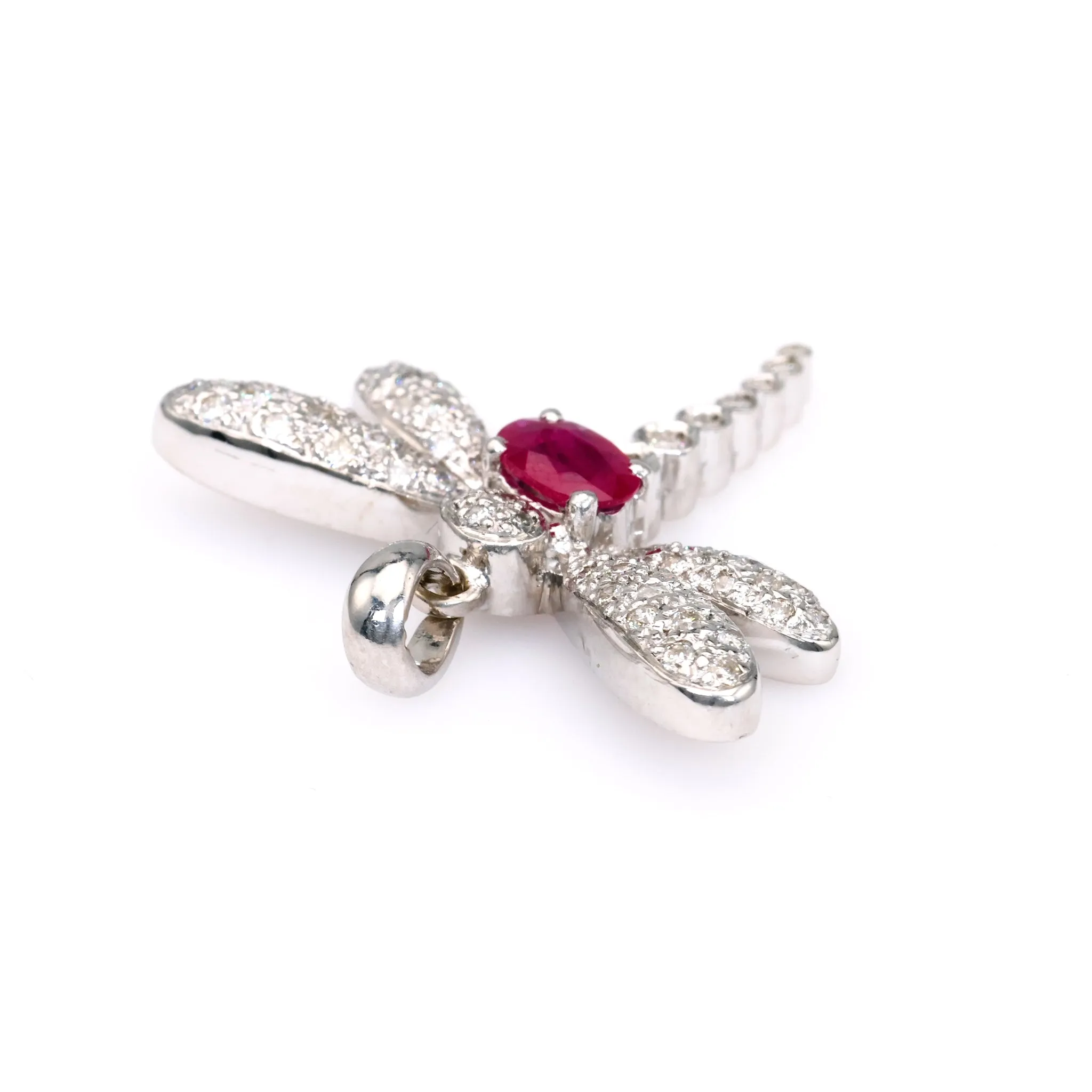 Vintage French Ruby Diamond 18k White Gold Dragonfly Pendant