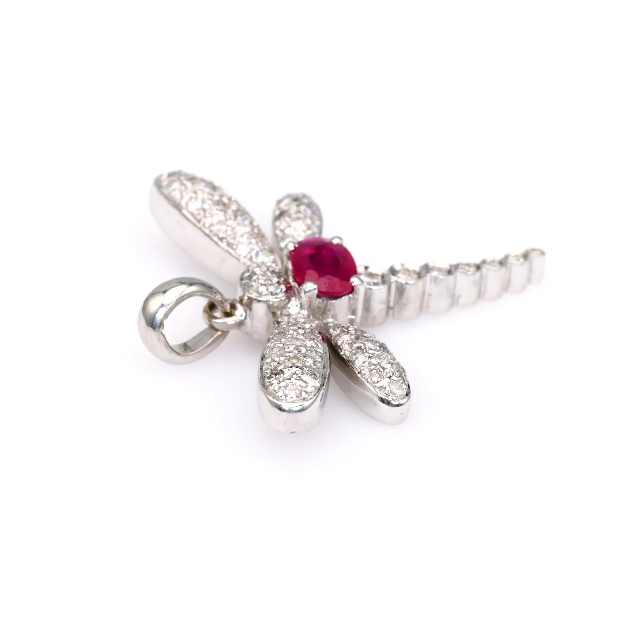 Vintage French Ruby Diamond 18k White Gold Dragonfly Pendant