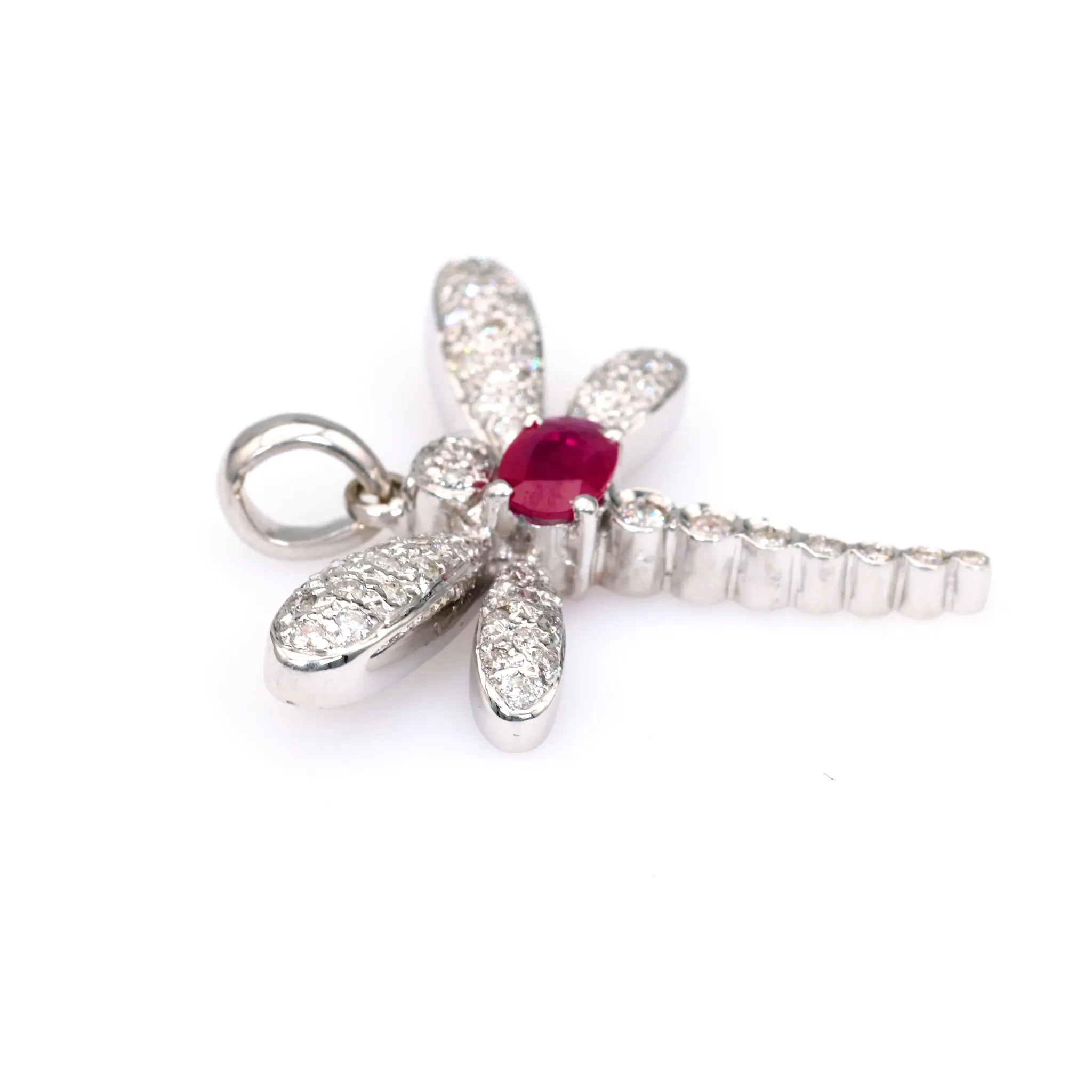 Vintage French Ruby Diamond 18k White Gold Dragonfly Pendant