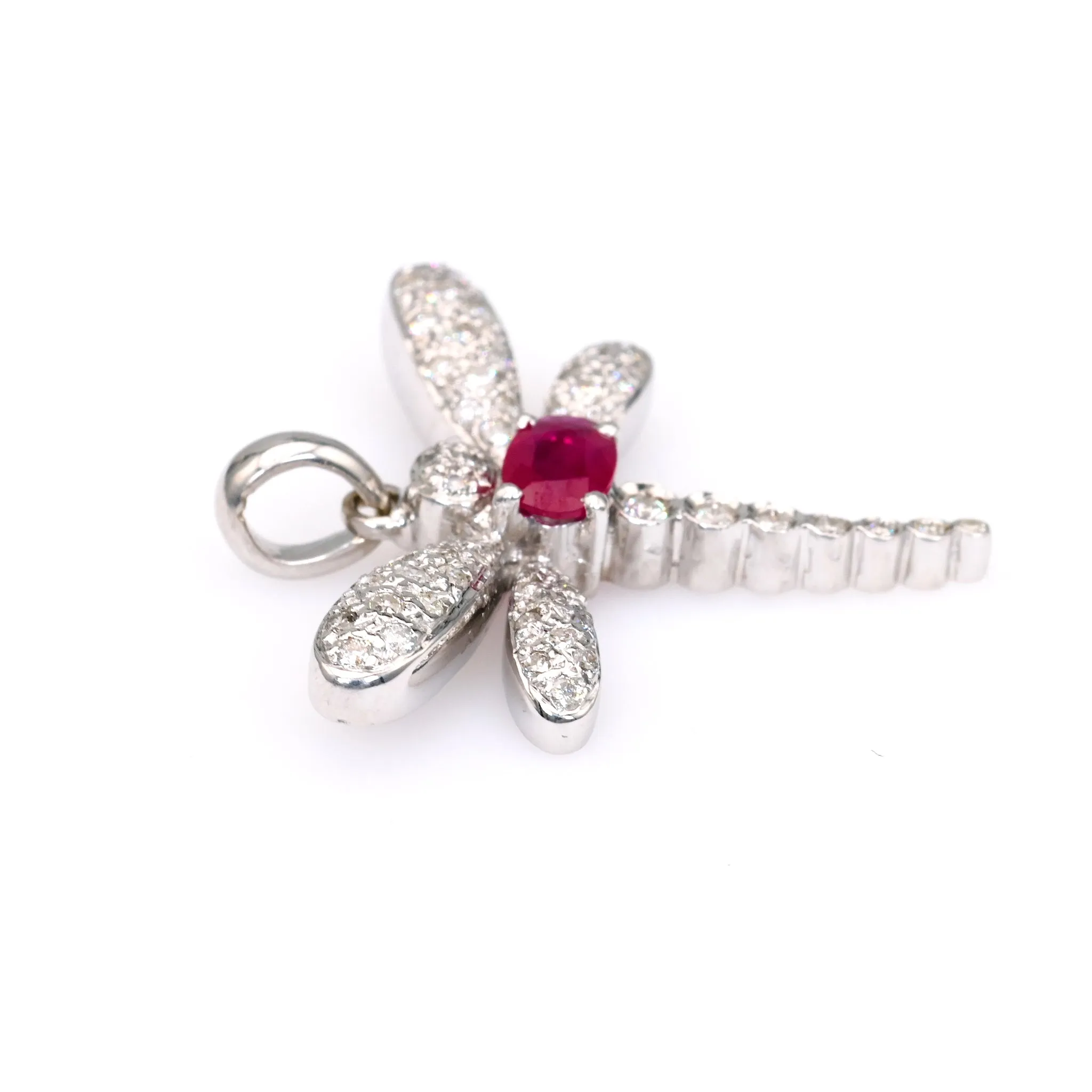 Vintage French Ruby Diamond 18k White Gold Dragonfly Pendant