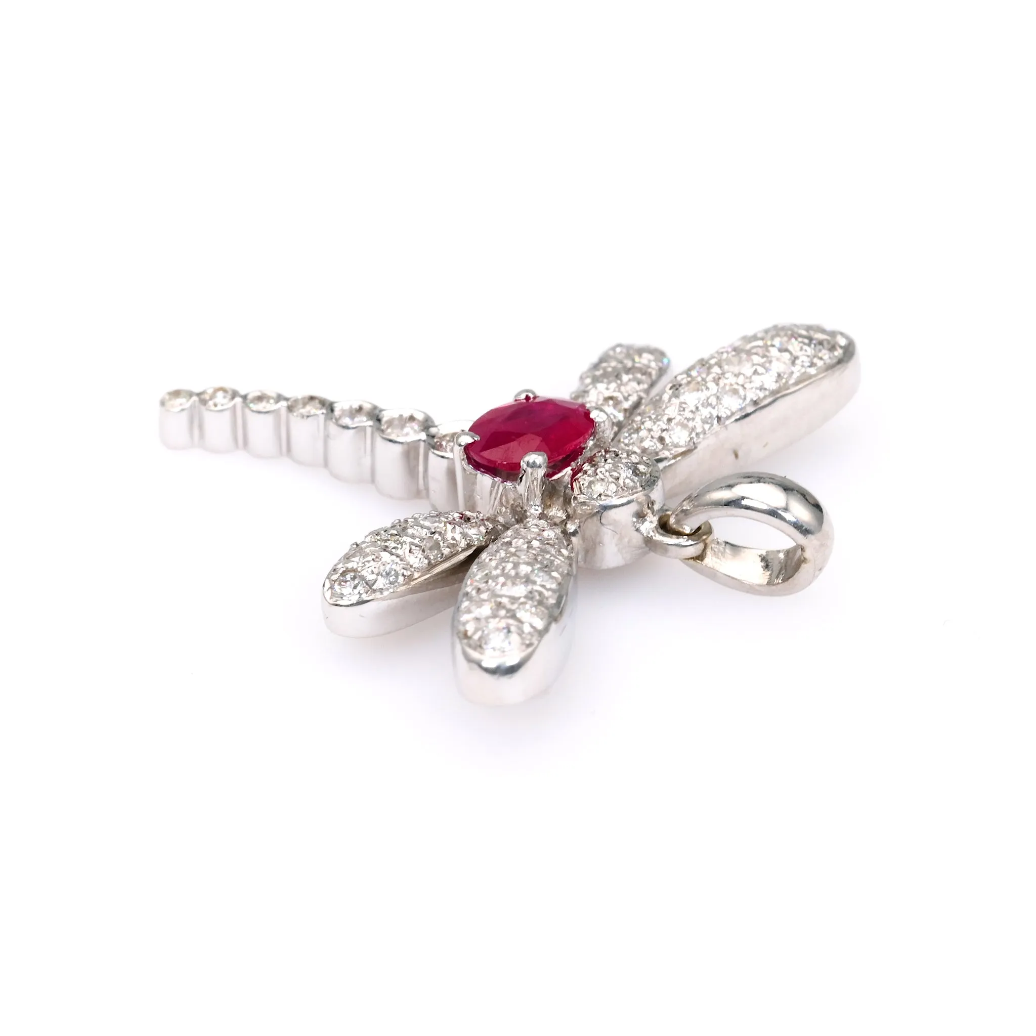 Vintage French Ruby Diamond 18k White Gold Dragonfly Pendant