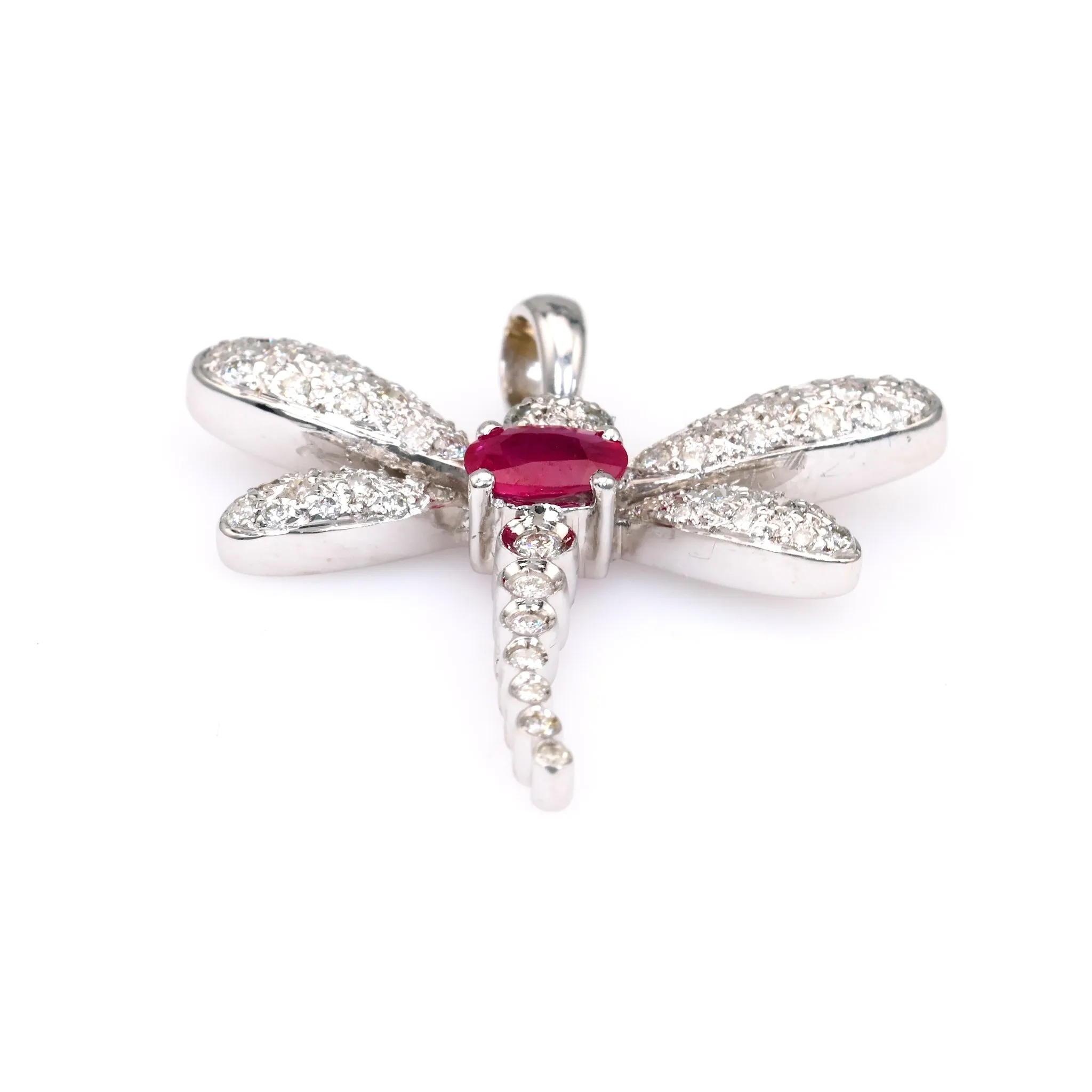 Vintage French Ruby Diamond 18k White Gold Dragonfly Pendant