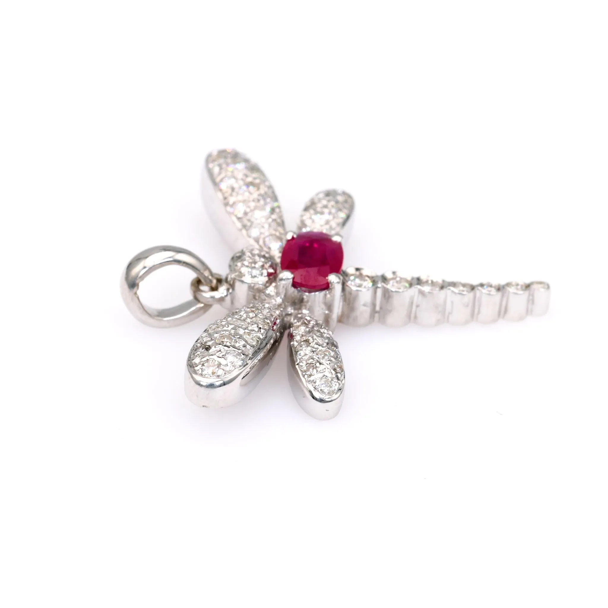 Vintage French Ruby Diamond 18k White Gold Dragonfly Pendant