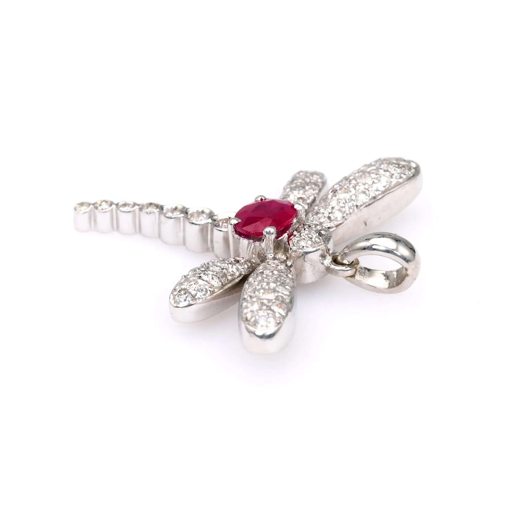 Vintage French Ruby Diamond 18k White Gold Dragonfly Pendant