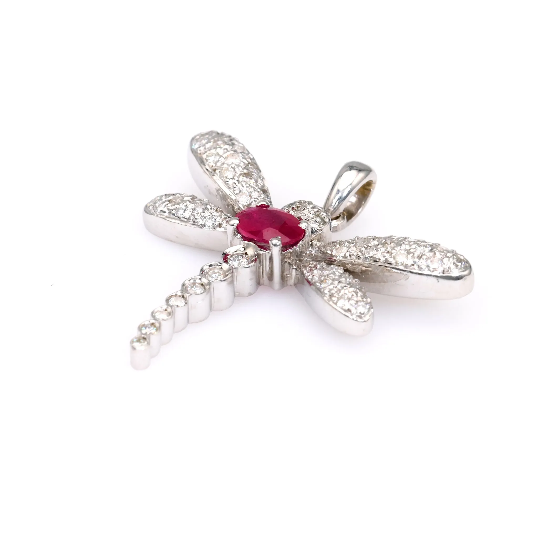 Vintage French Ruby Diamond 18k White Gold Dragonfly Pendant