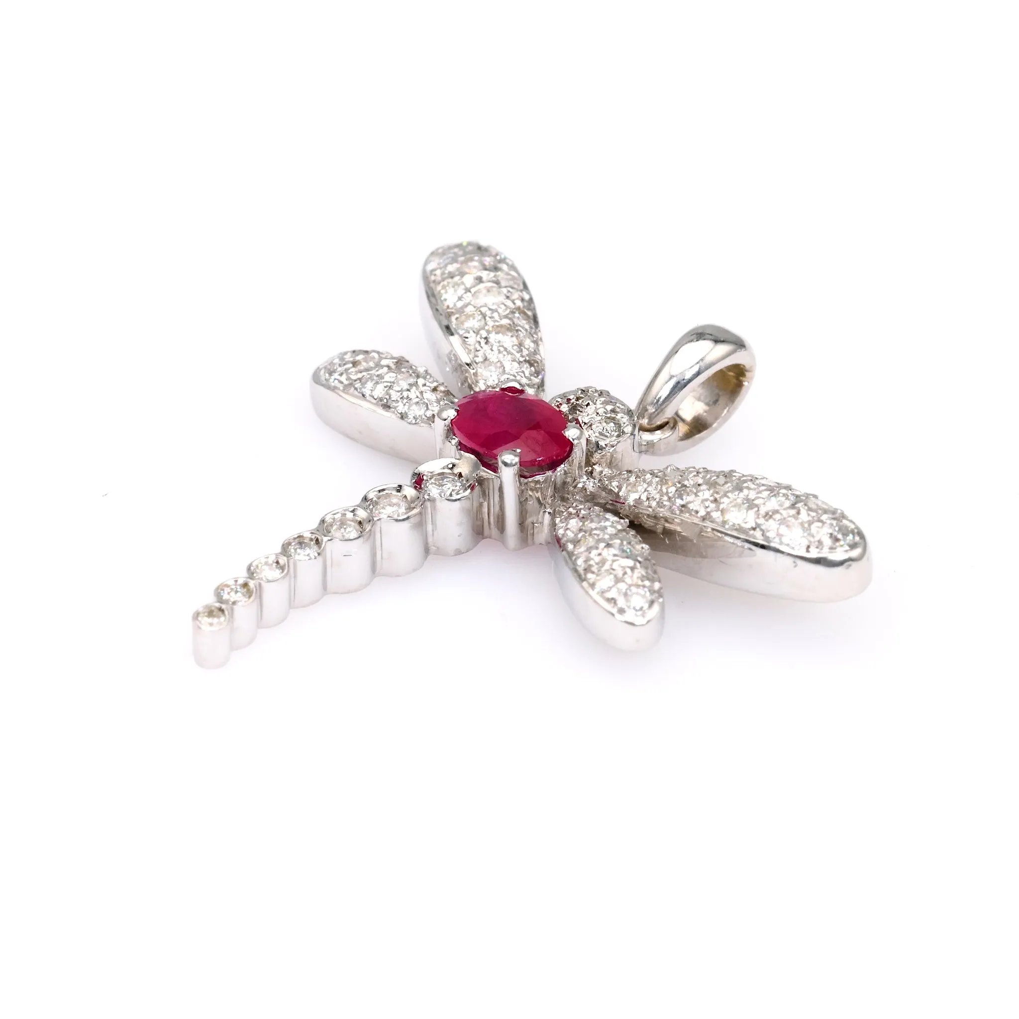 Vintage French Ruby Diamond 18k White Gold Dragonfly Pendant