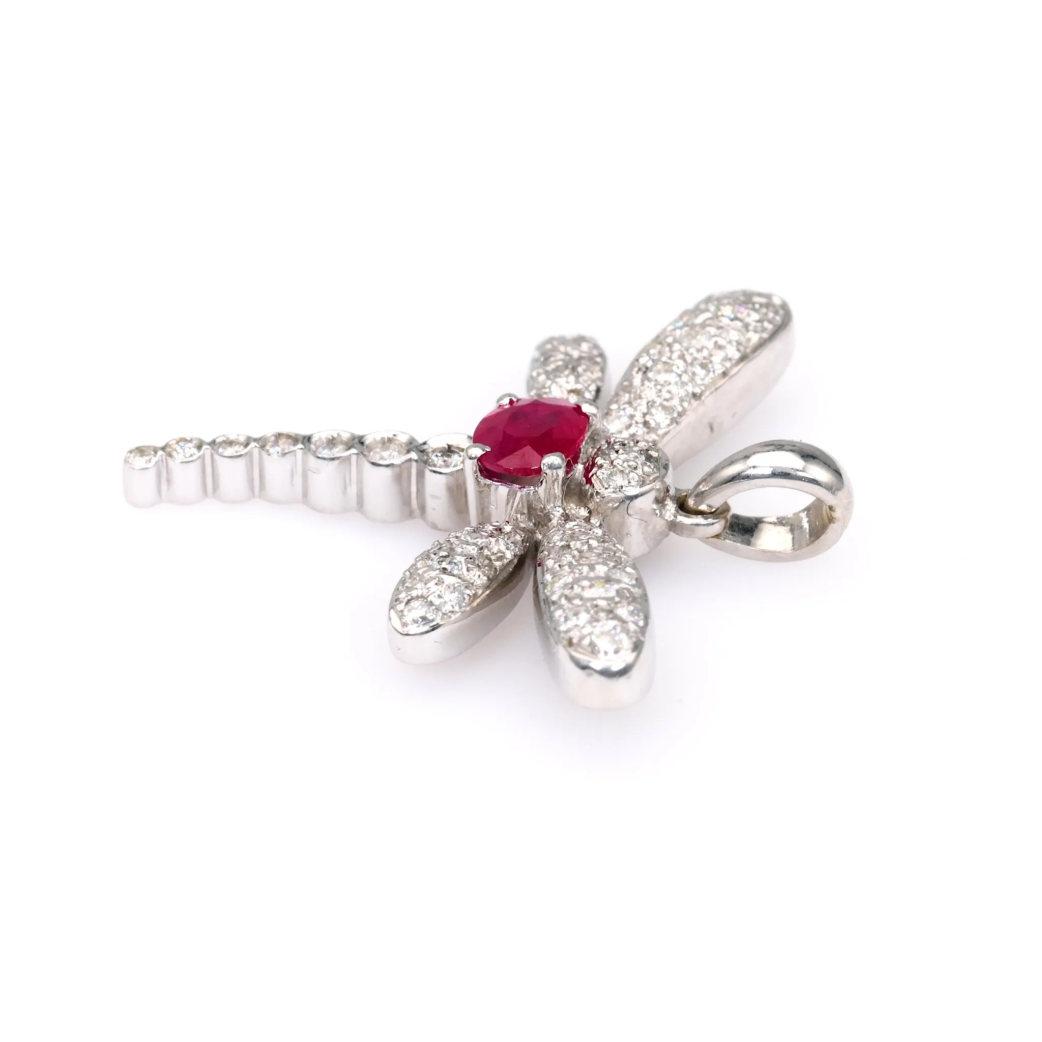 Vintage French Ruby Diamond 18k White Gold Dragonfly Pendant