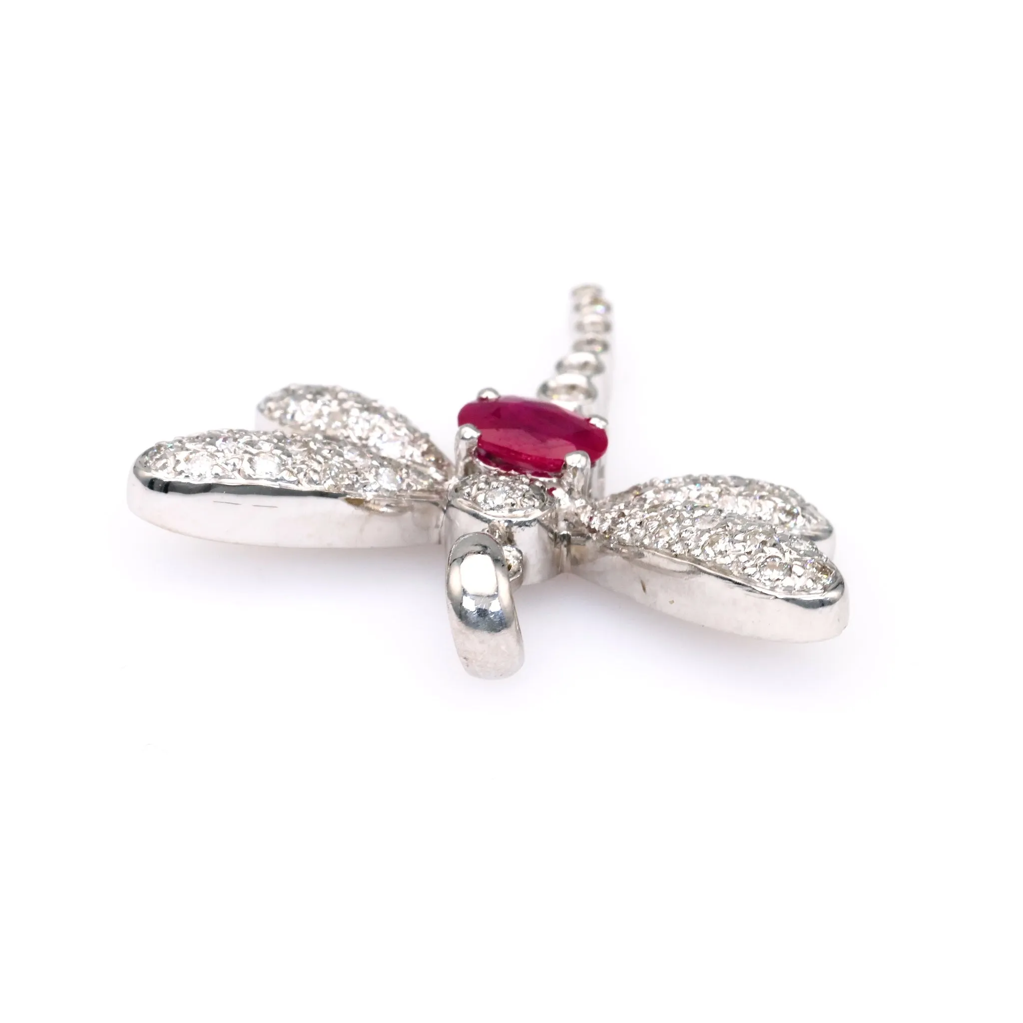 Vintage French Ruby Diamond 18k White Gold Dragonfly Pendant