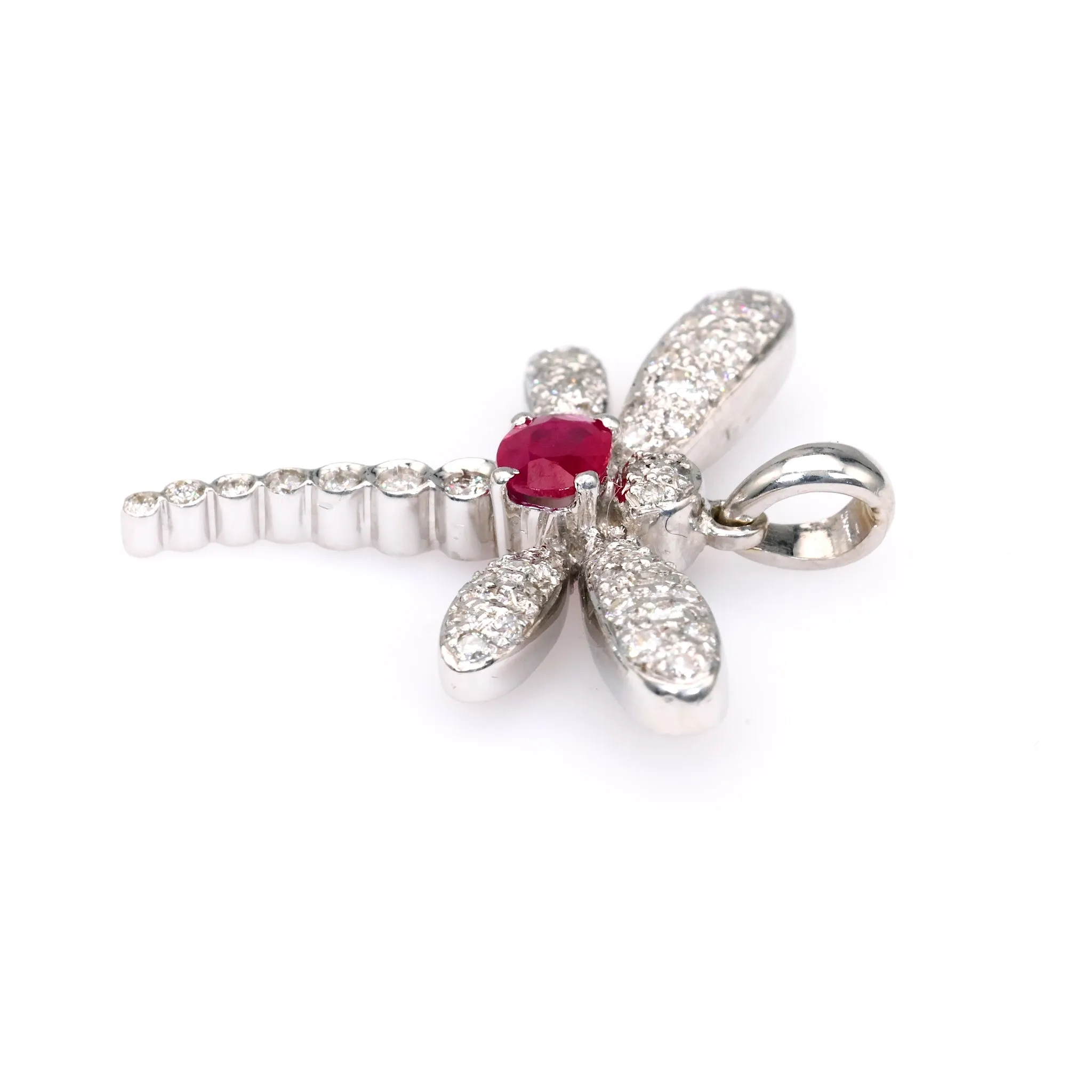 Vintage French Ruby Diamond 18k White Gold Dragonfly Pendant