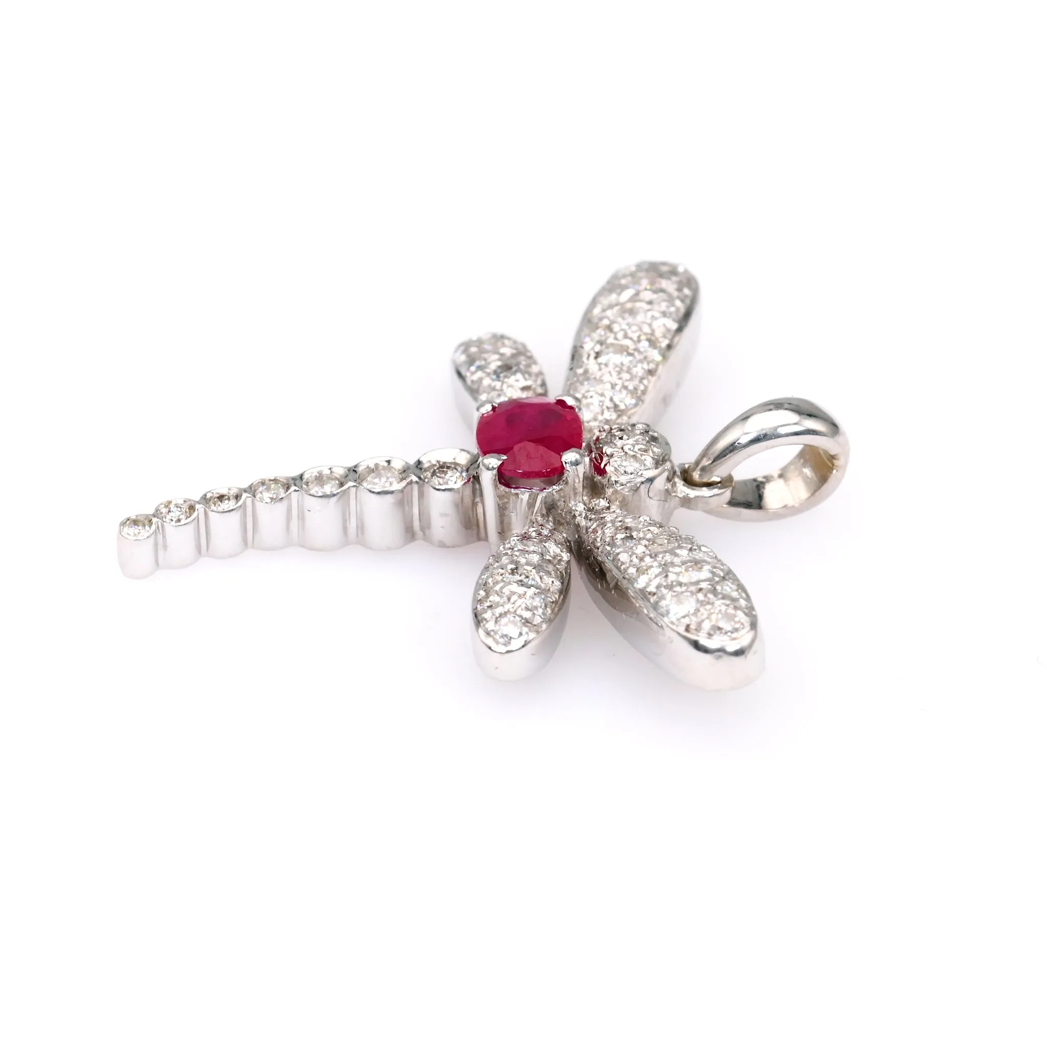 Vintage French Ruby Diamond 18k White Gold Dragonfly Pendant