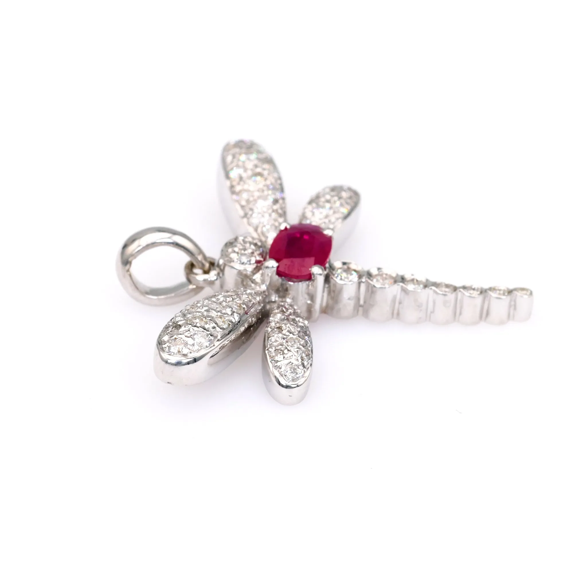 Vintage French Ruby Diamond 18k White Gold Dragonfly Pendant