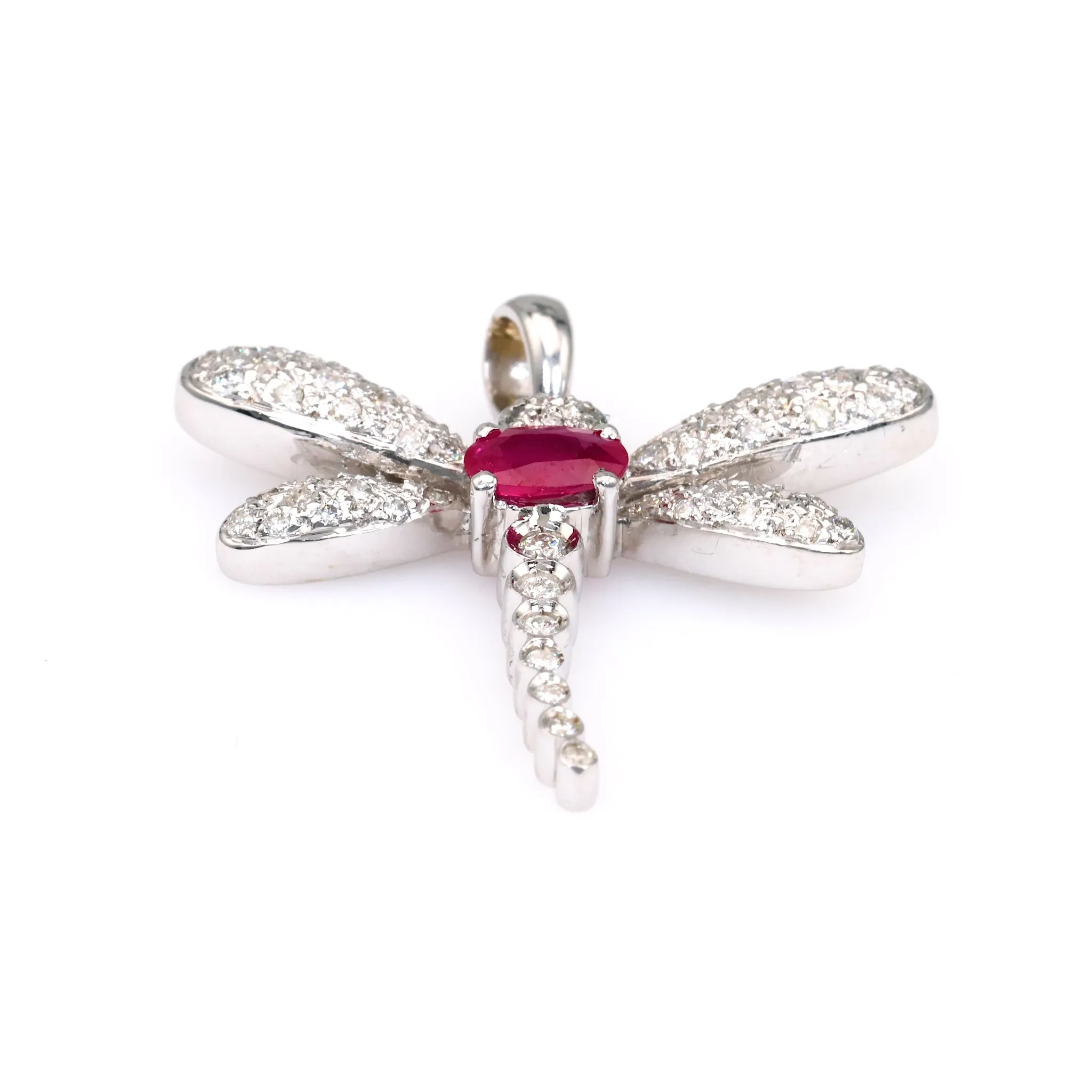 Vintage French Ruby Diamond 18k White Gold Dragonfly Pendant