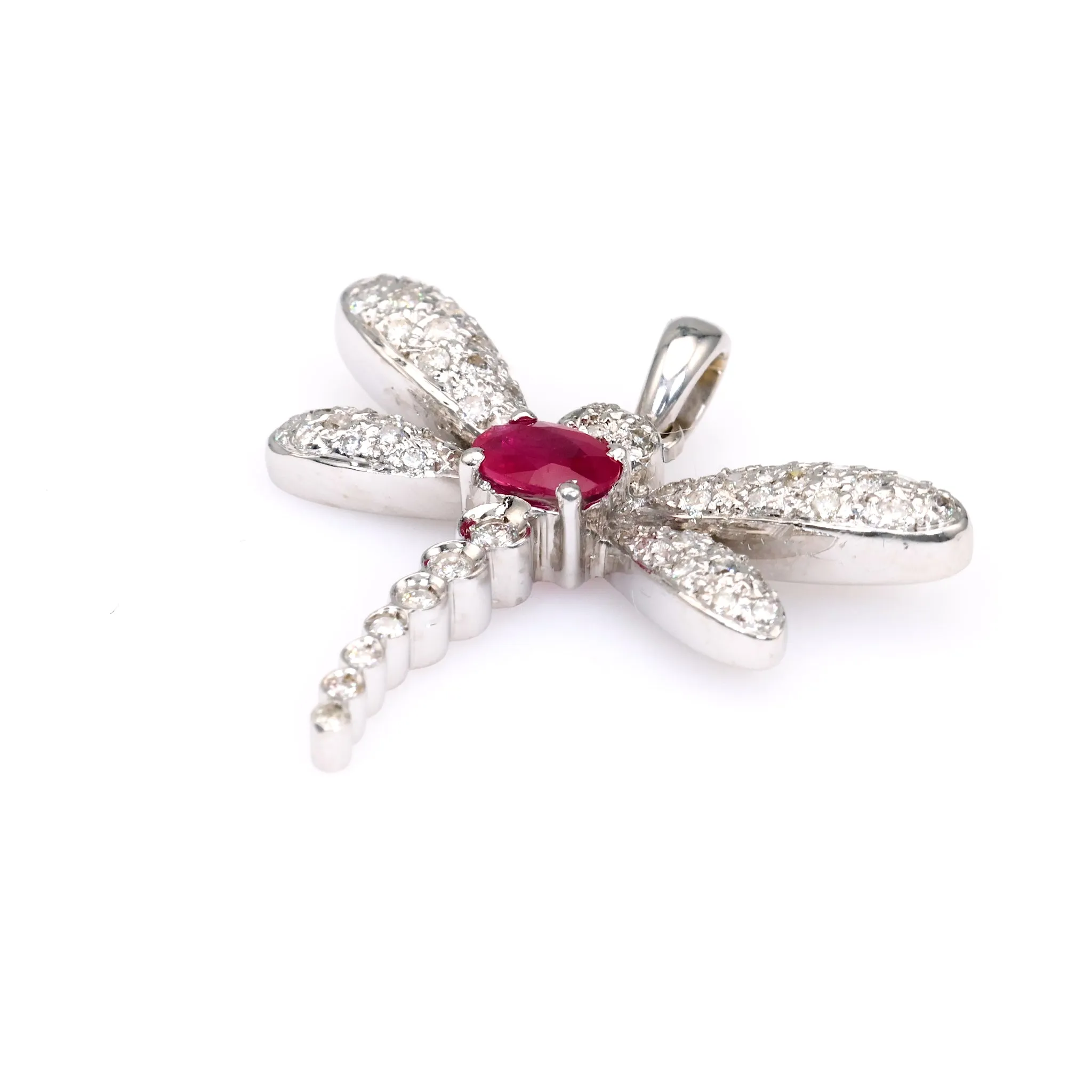 Vintage French Ruby Diamond 18k White Gold Dragonfly Pendant