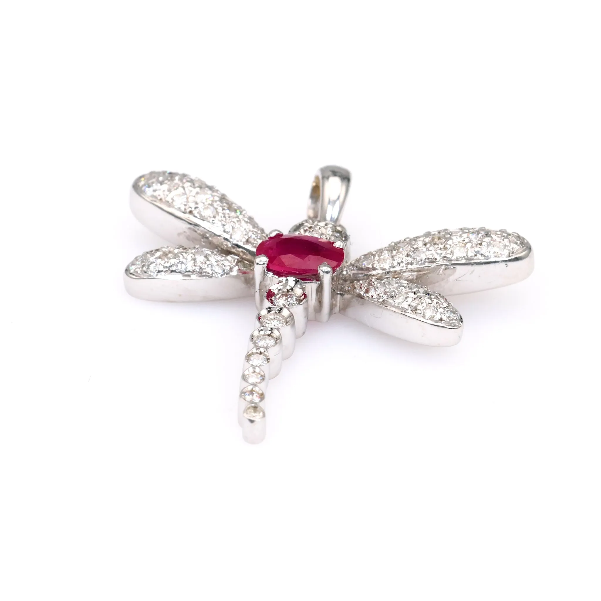 Vintage French Ruby Diamond 18k White Gold Dragonfly Pendant