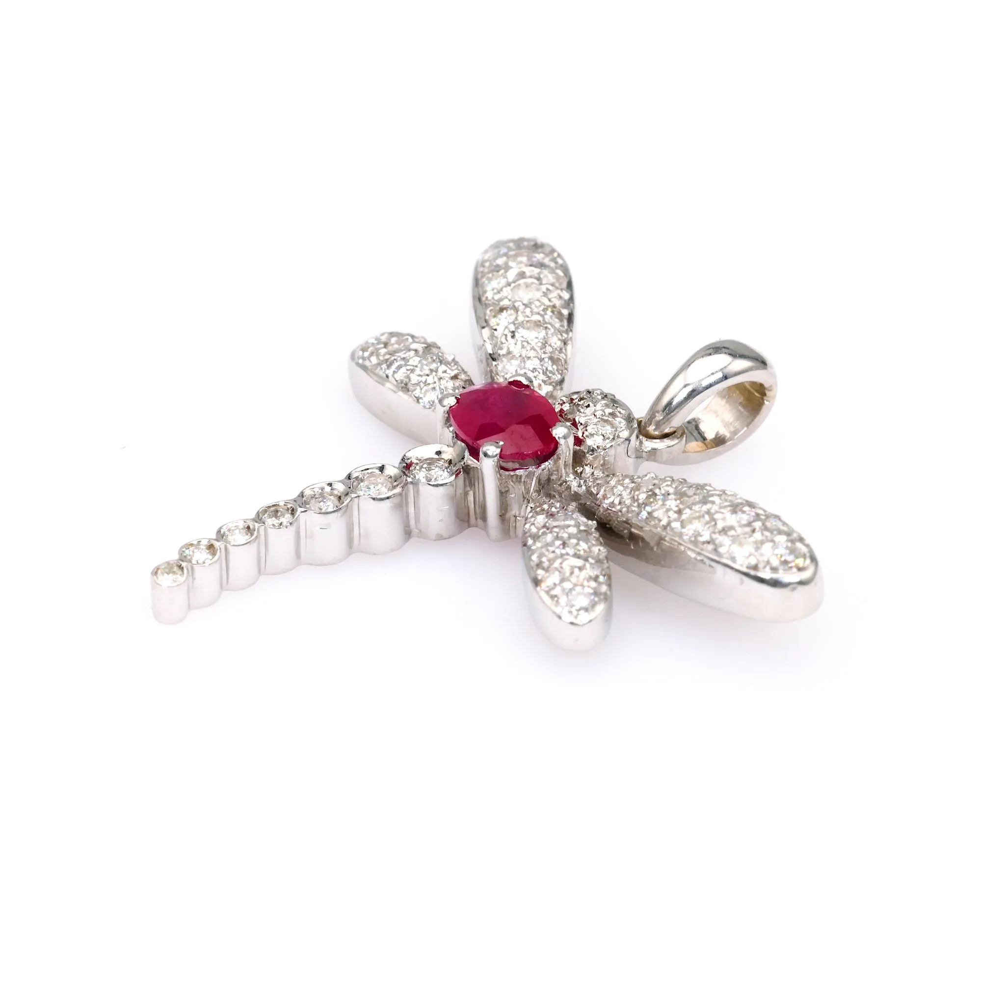 Vintage French Ruby Diamond 18k White Gold Dragonfly Pendant