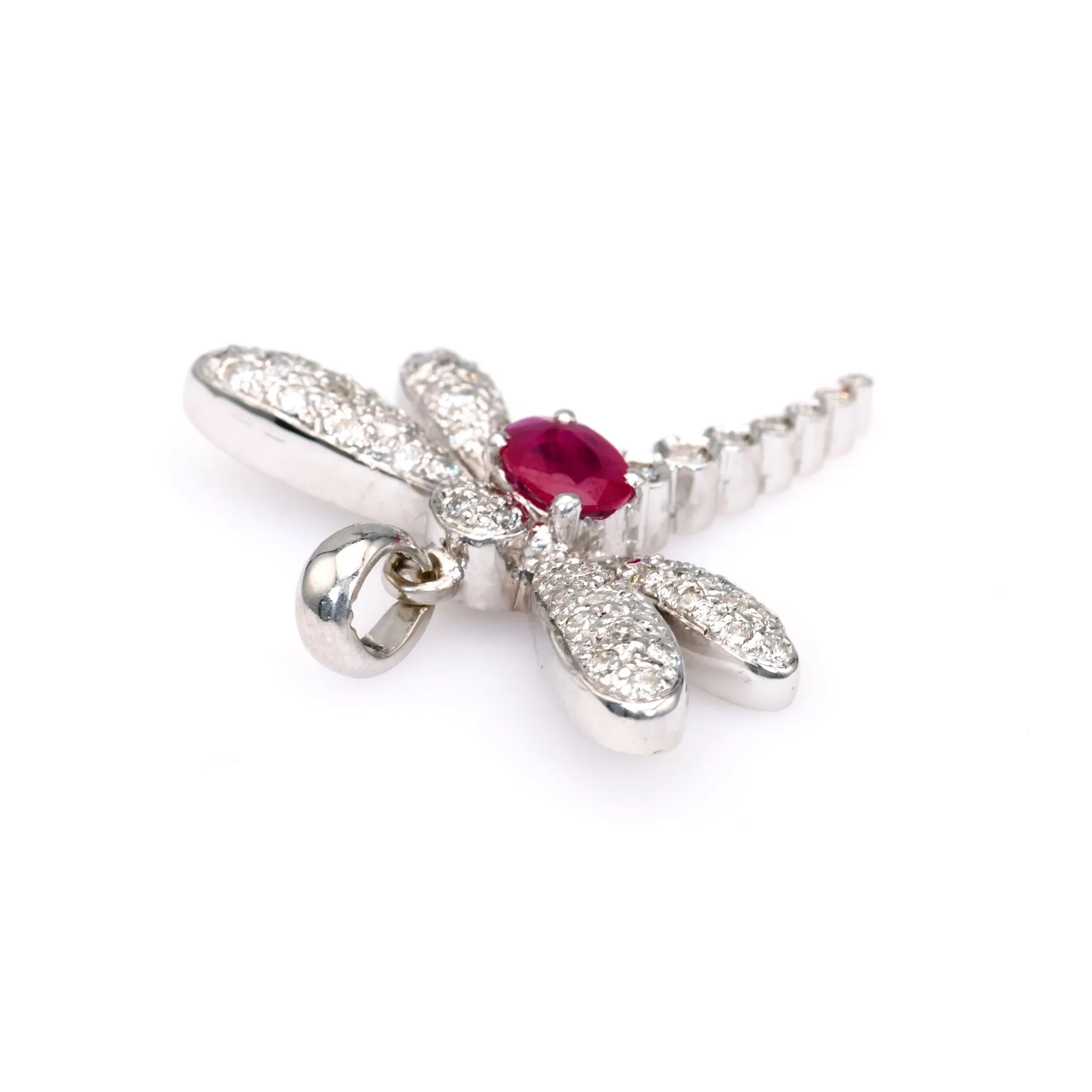 Vintage French Ruby Diamond 18k White Gold Dragonfly Pendant