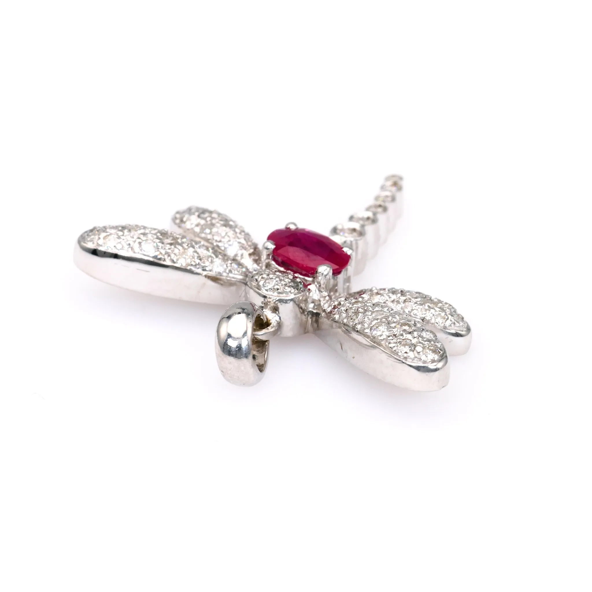 Vintage French Ruby Diamond 18k White Gold Dragonfly Pendant