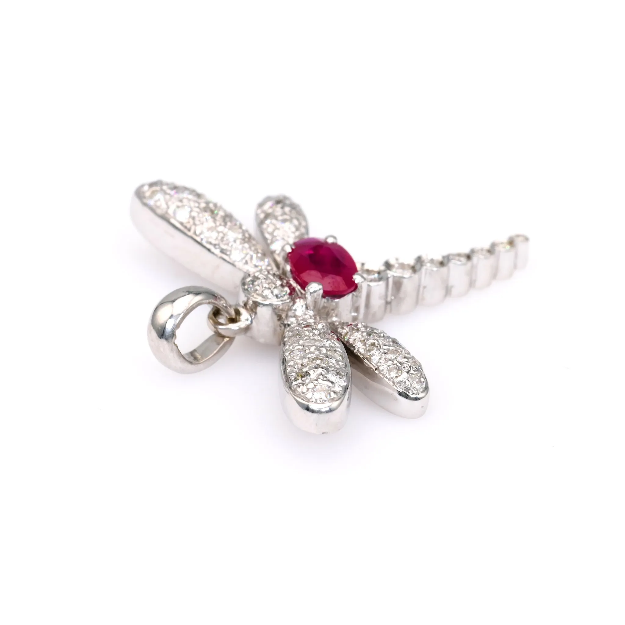 Vintage French Ruby Diamond 18k White Gold Dragonfly Pendant