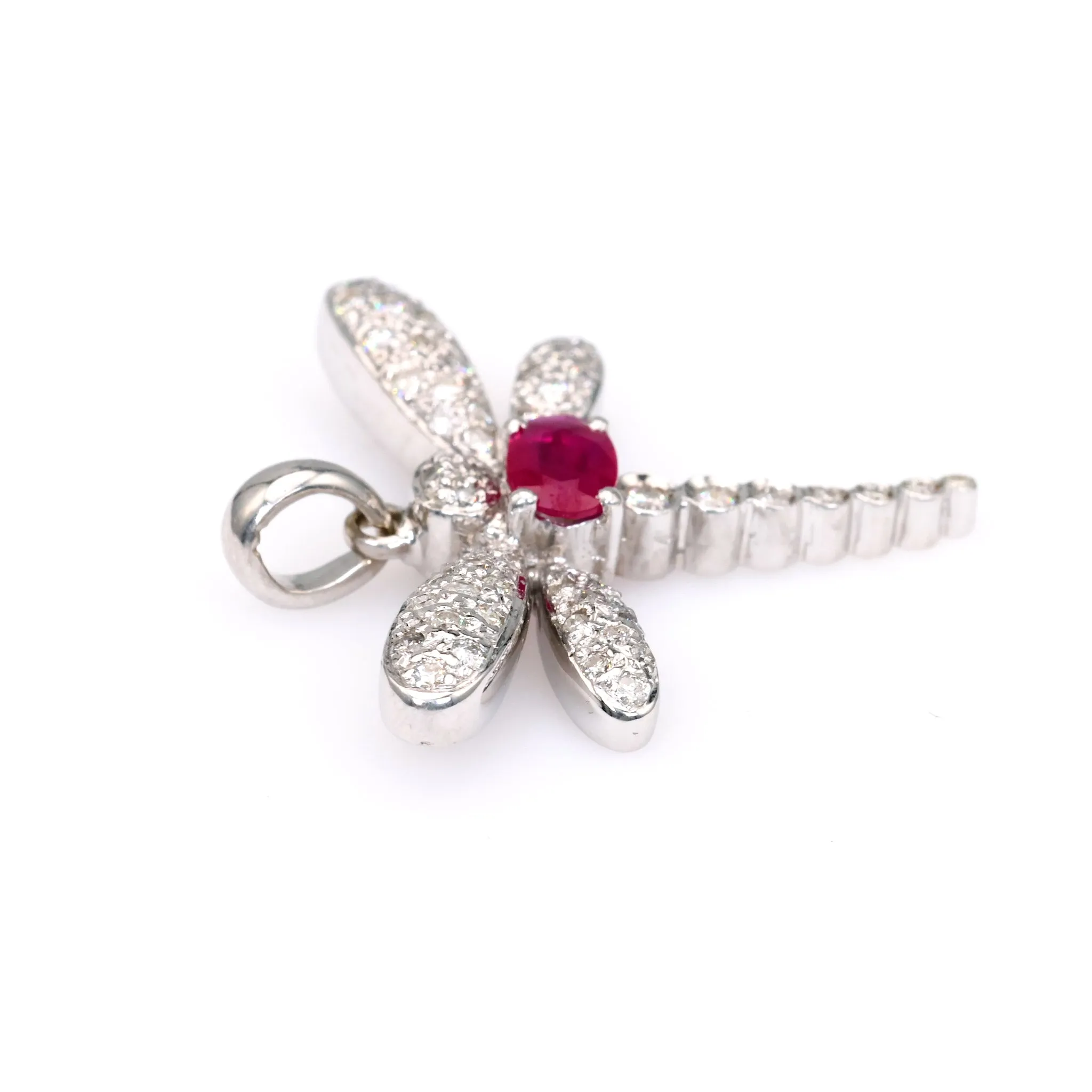 Vintage French Ruby Diamond 18k White Gold Dragonfly Pendant