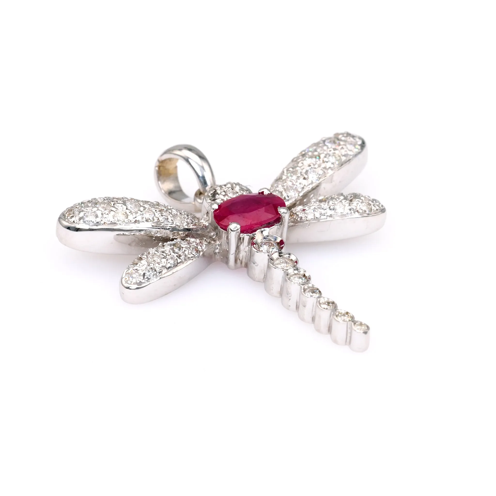 Vintage French Ruby Diamond 18k White Gold Dragonfly Pendant